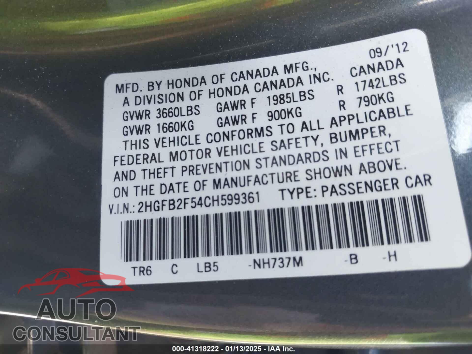 HONDA CIVIC 2012 - 2HGFB2F54CH599361