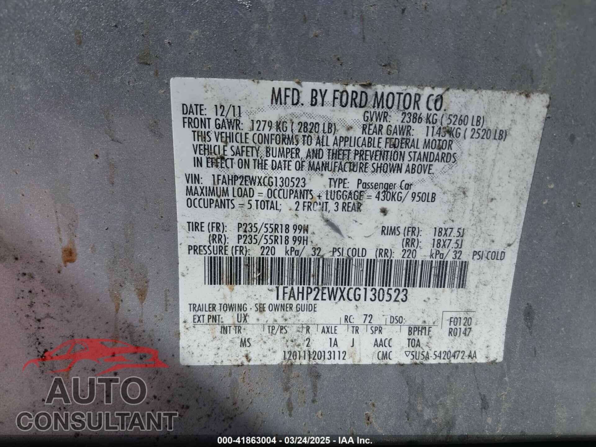 FORD TAURUS 2012 - 1FAHP2EWXCG130523