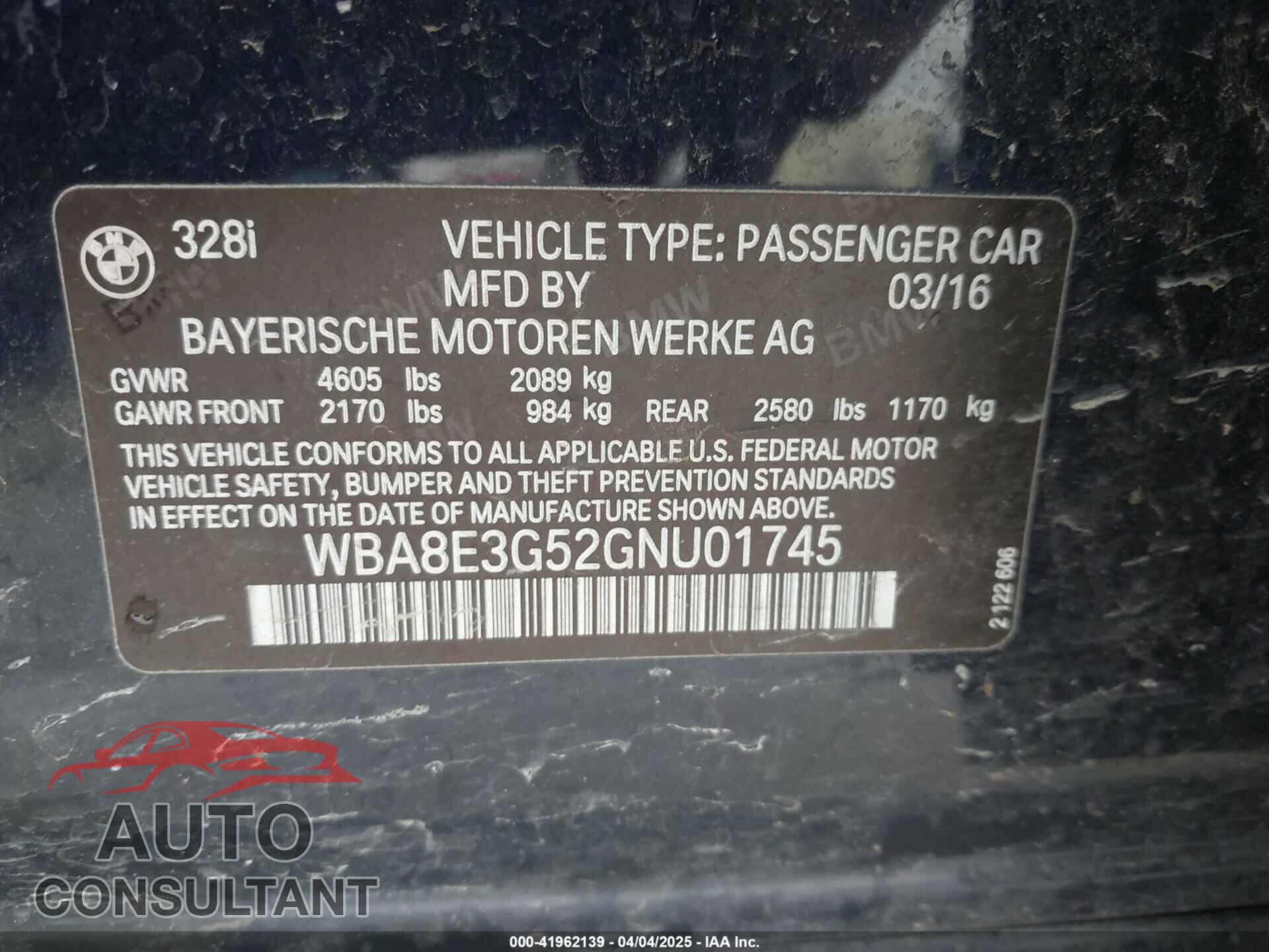 BMW 328I 2016 - WBA8E3G52GNU01745