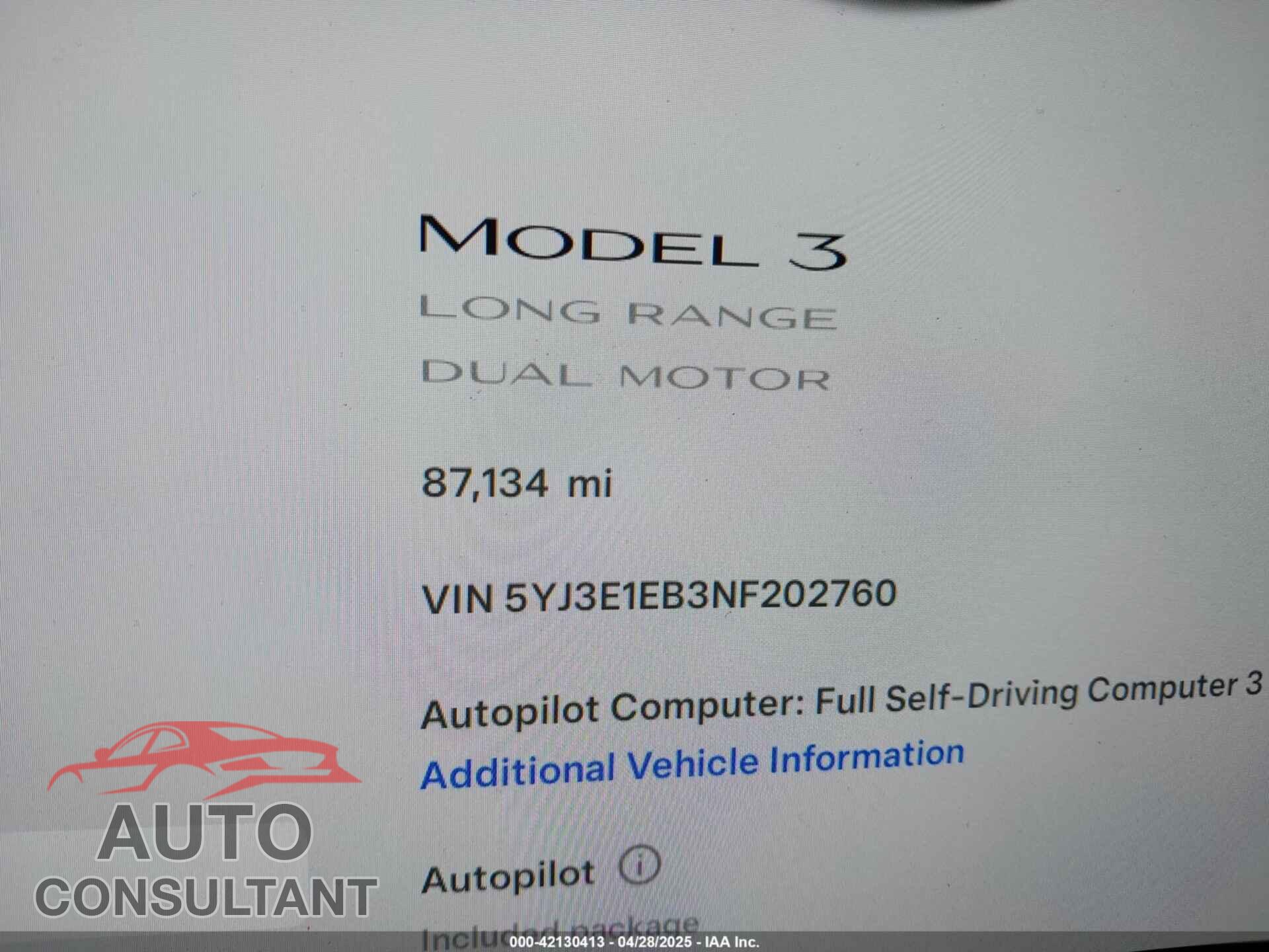 TESLA MODEL 3 2022 - 5YJ3E1EB3NF202760