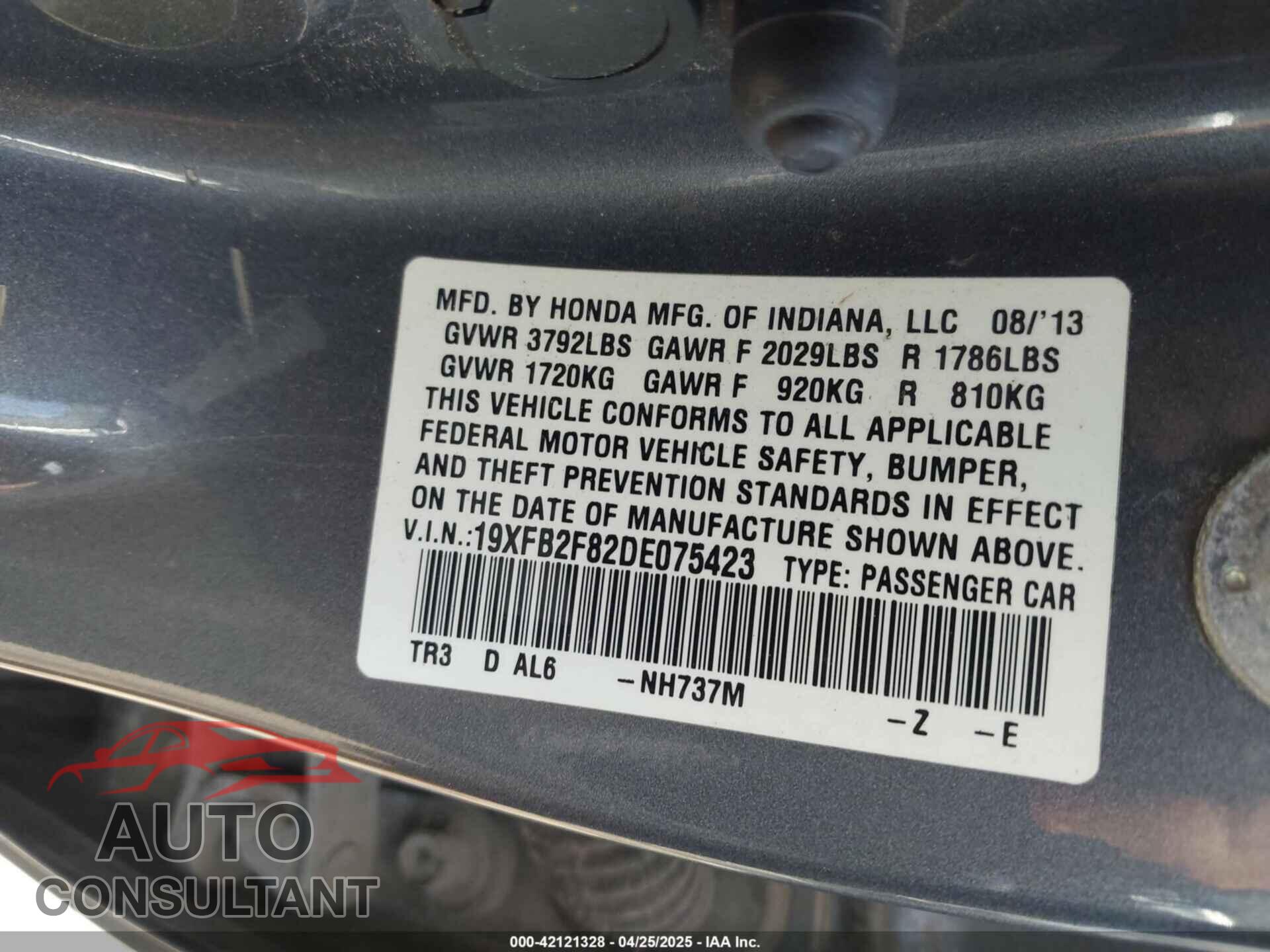 HONDA CIVIC 2013 - 19XFB2F82DE075423