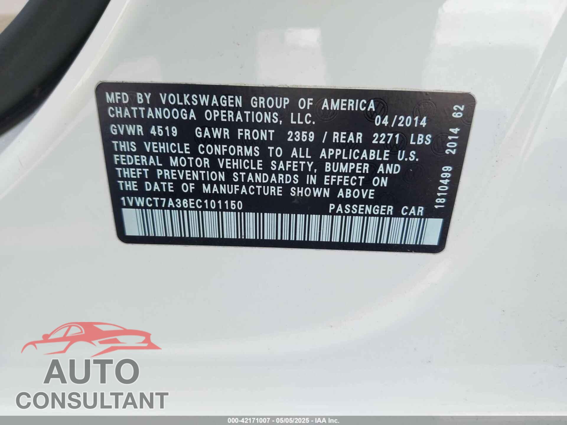 VOLKSWAGEN PASSAT 2014 - 1VWCT7A36EC101150