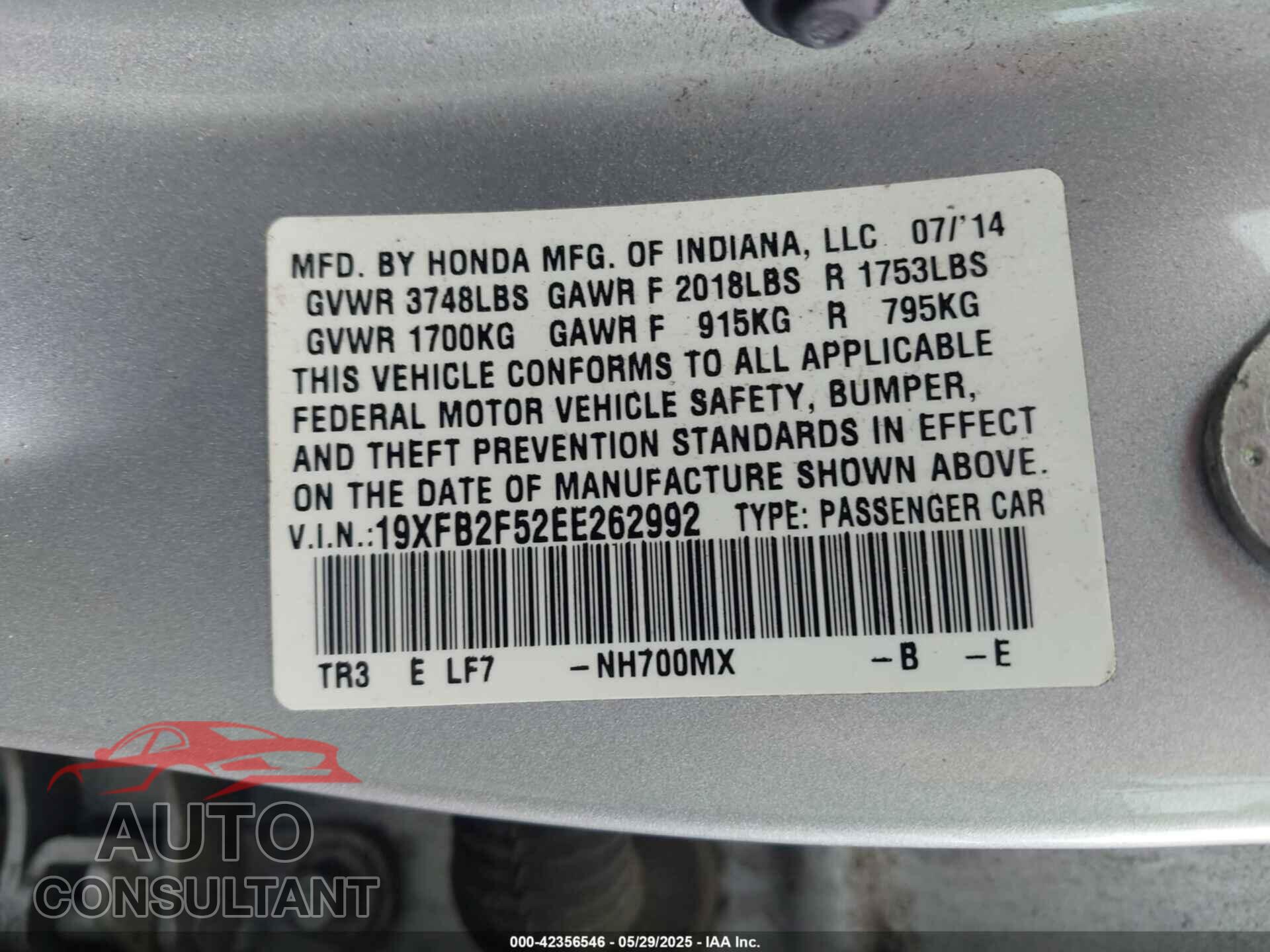 HONDA CIVIC 2014 - 19XFB2F52EE262992