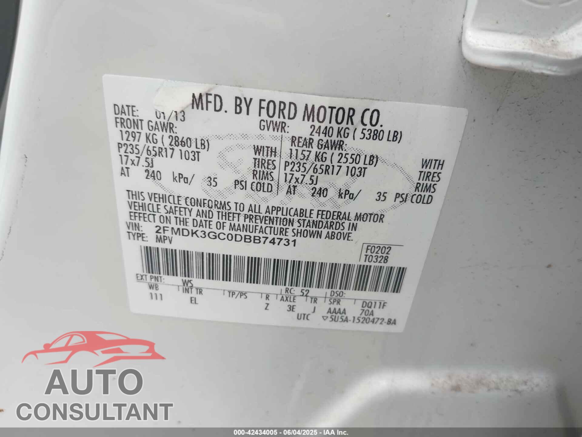 FORD EDGE 2013 - 2FMDK3GC0DBB74731