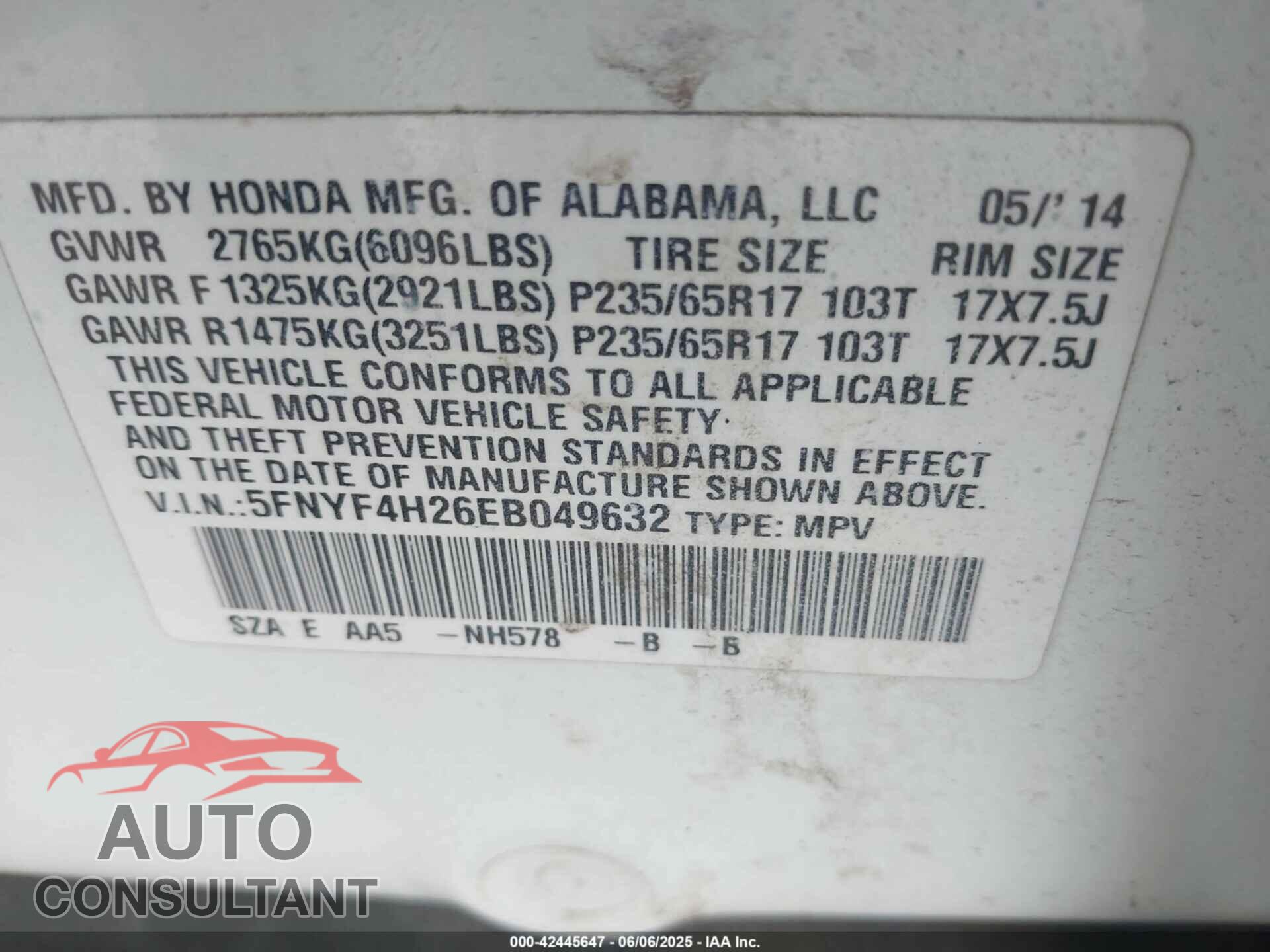 HONDA PILOT 2014 - 5FNYF4H26EB049632