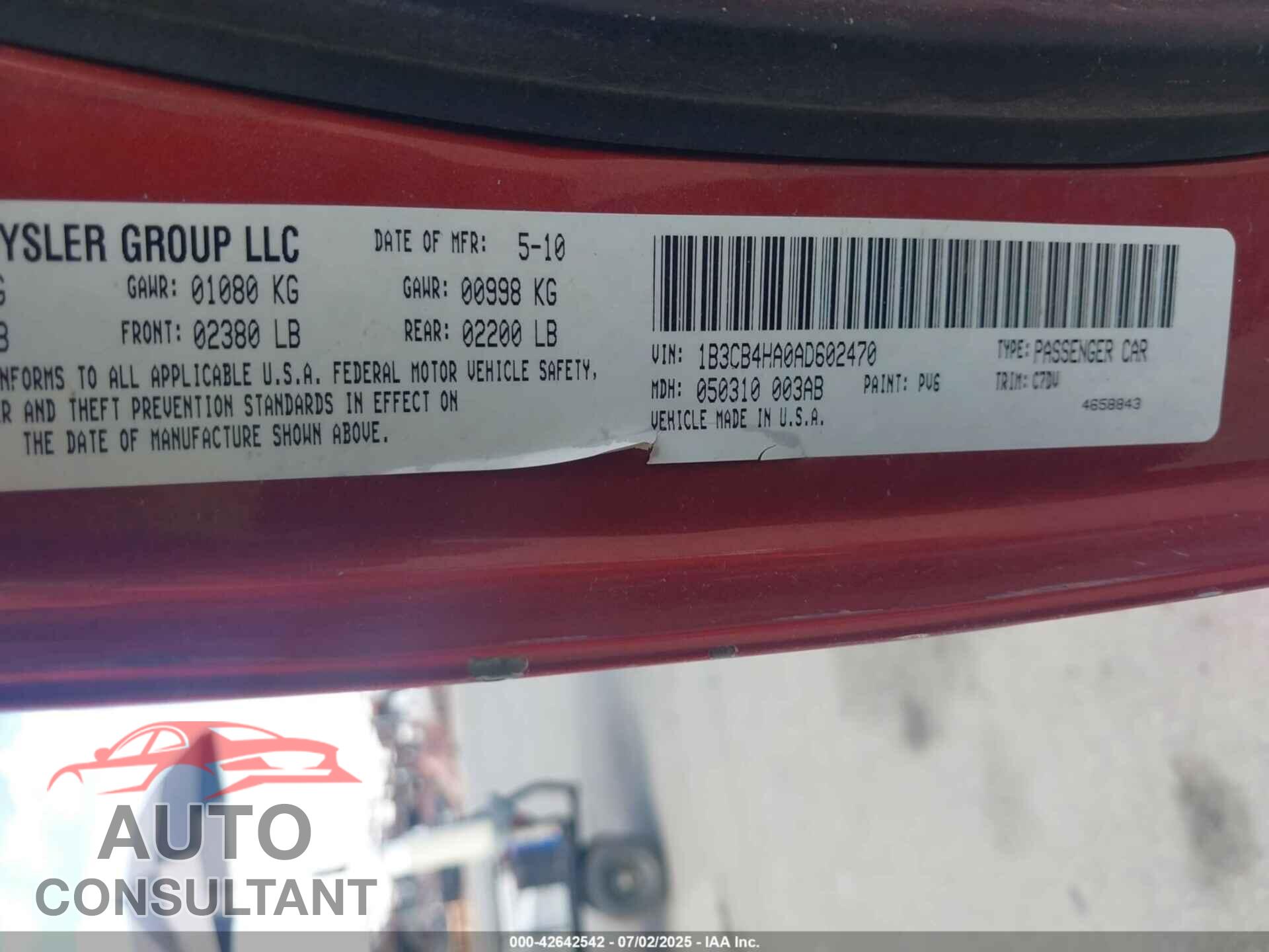 DODGE CALIBER 2010 - 1B3CB4HA0AD602470