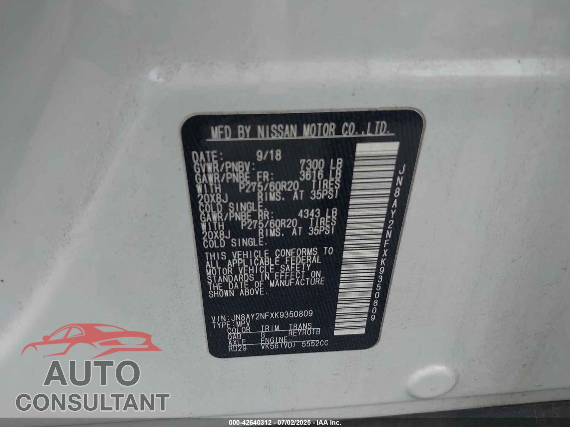 NISSAN ARMADA 2019 - JN8AY2NFXK9350809