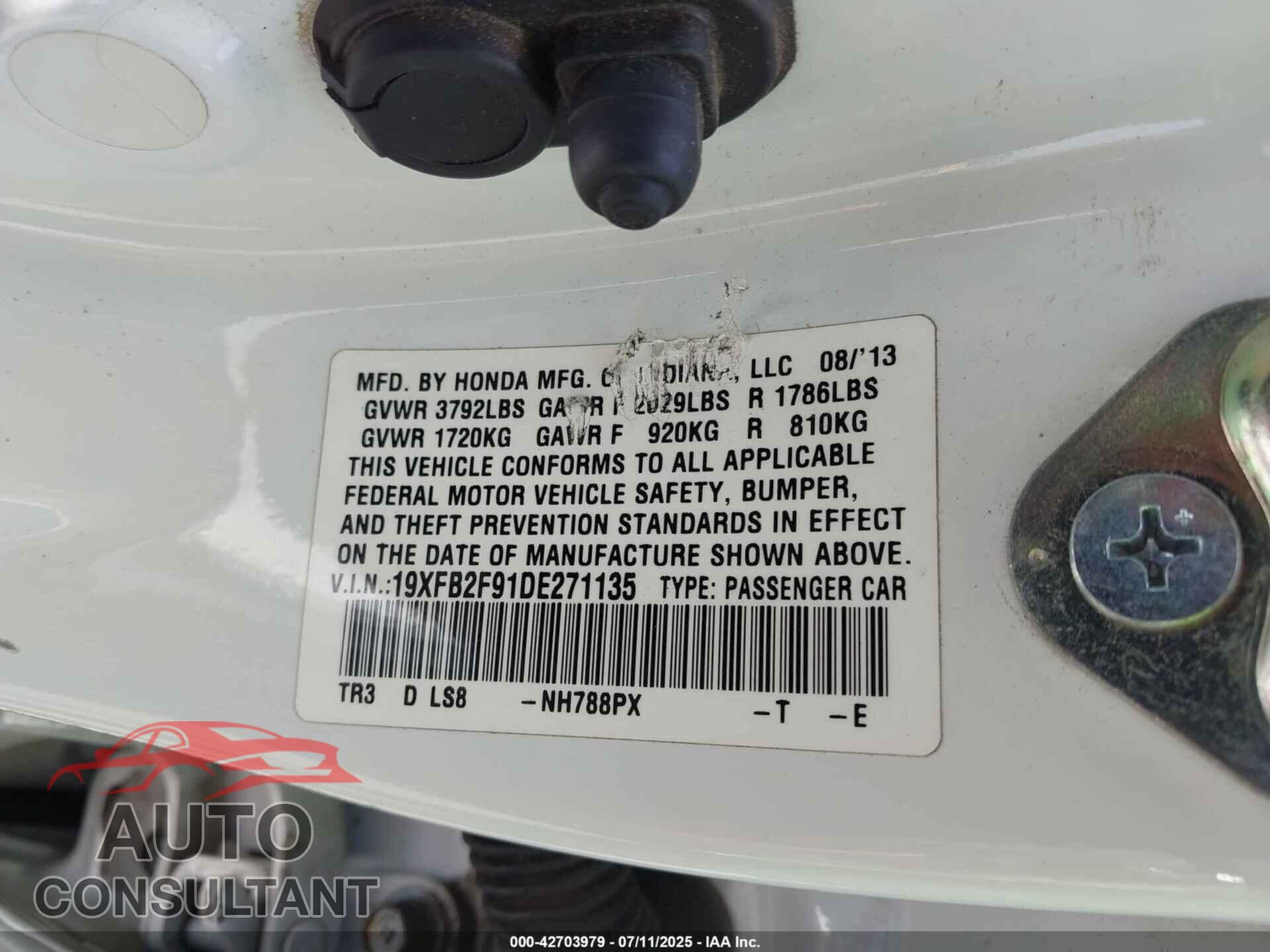 HONDA CIVIC 2013 - 19XFB2F91DE271135