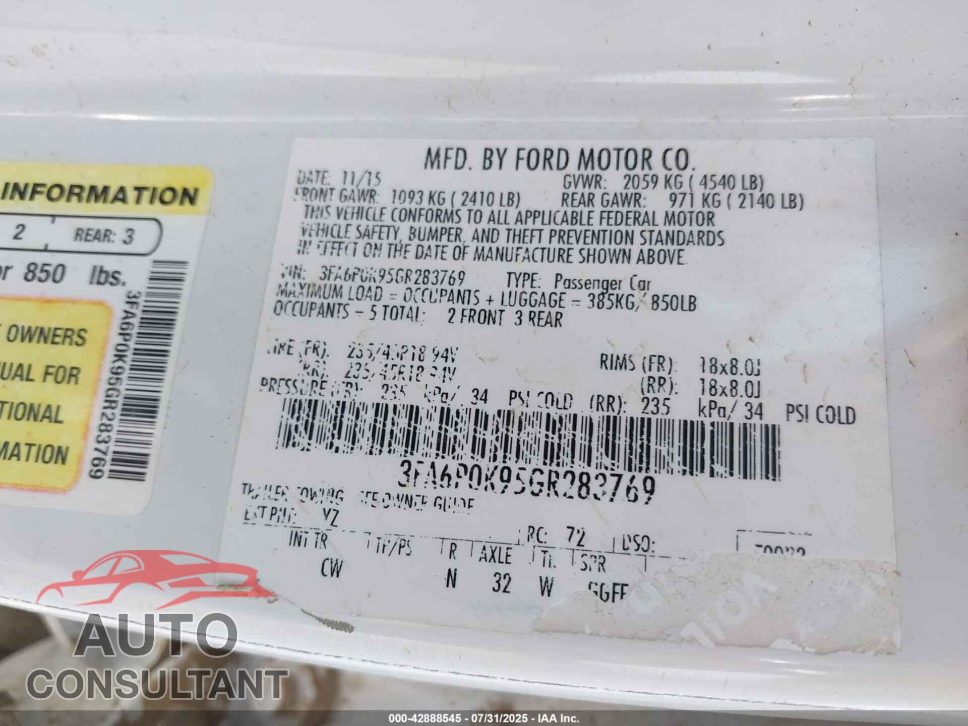 FORD FUSION 2016 - 3FA6P0K95GR283769