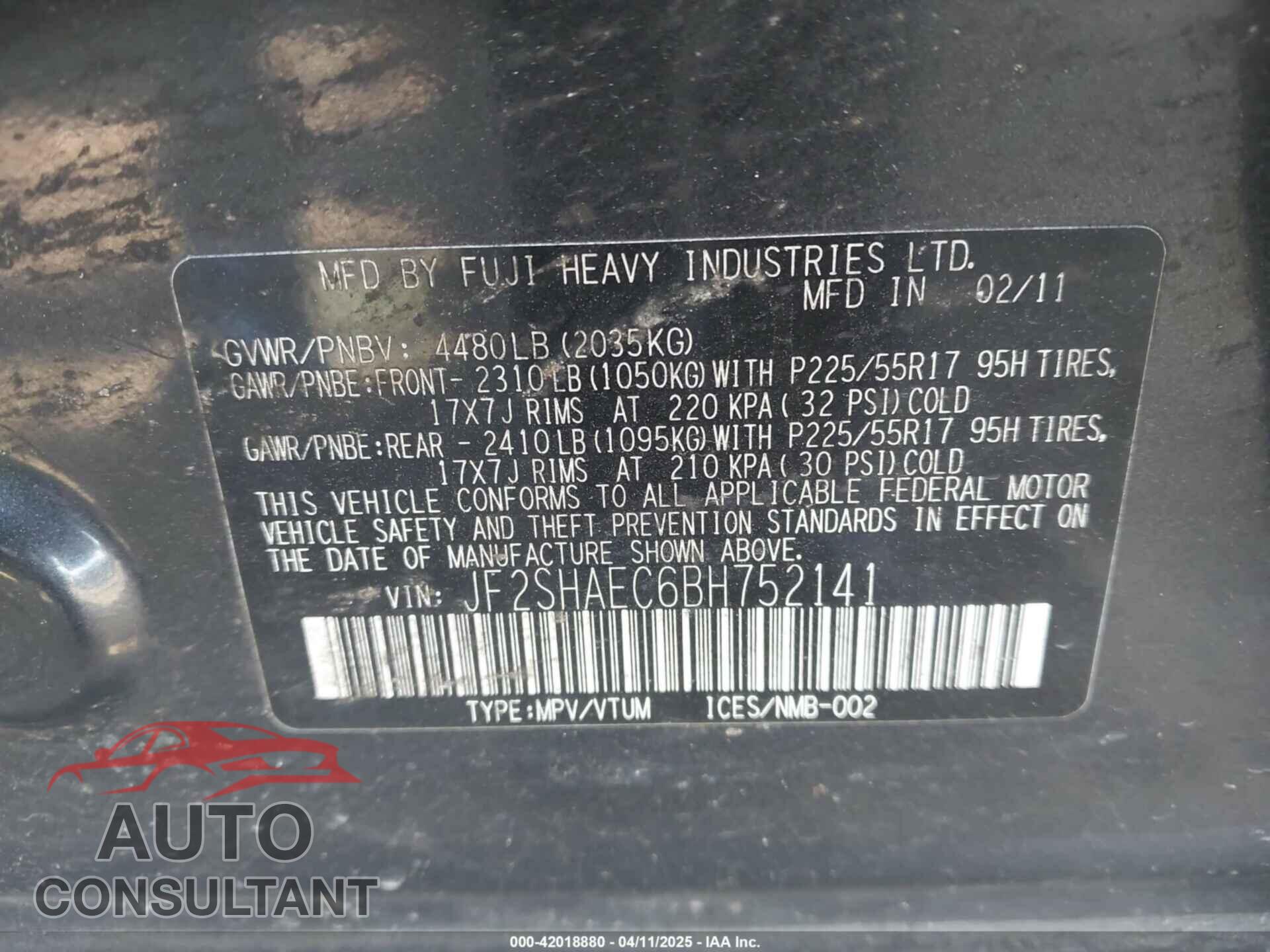 SUBARU FORESTER 2011 - JF2SHAEC6BH752141
