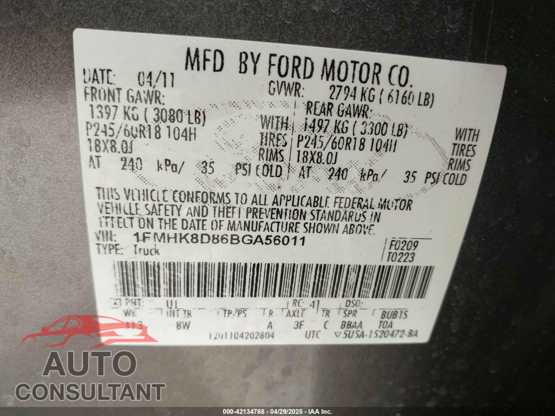 FORD EXPLORER 2011 - 1FMHK8D86BGA56011