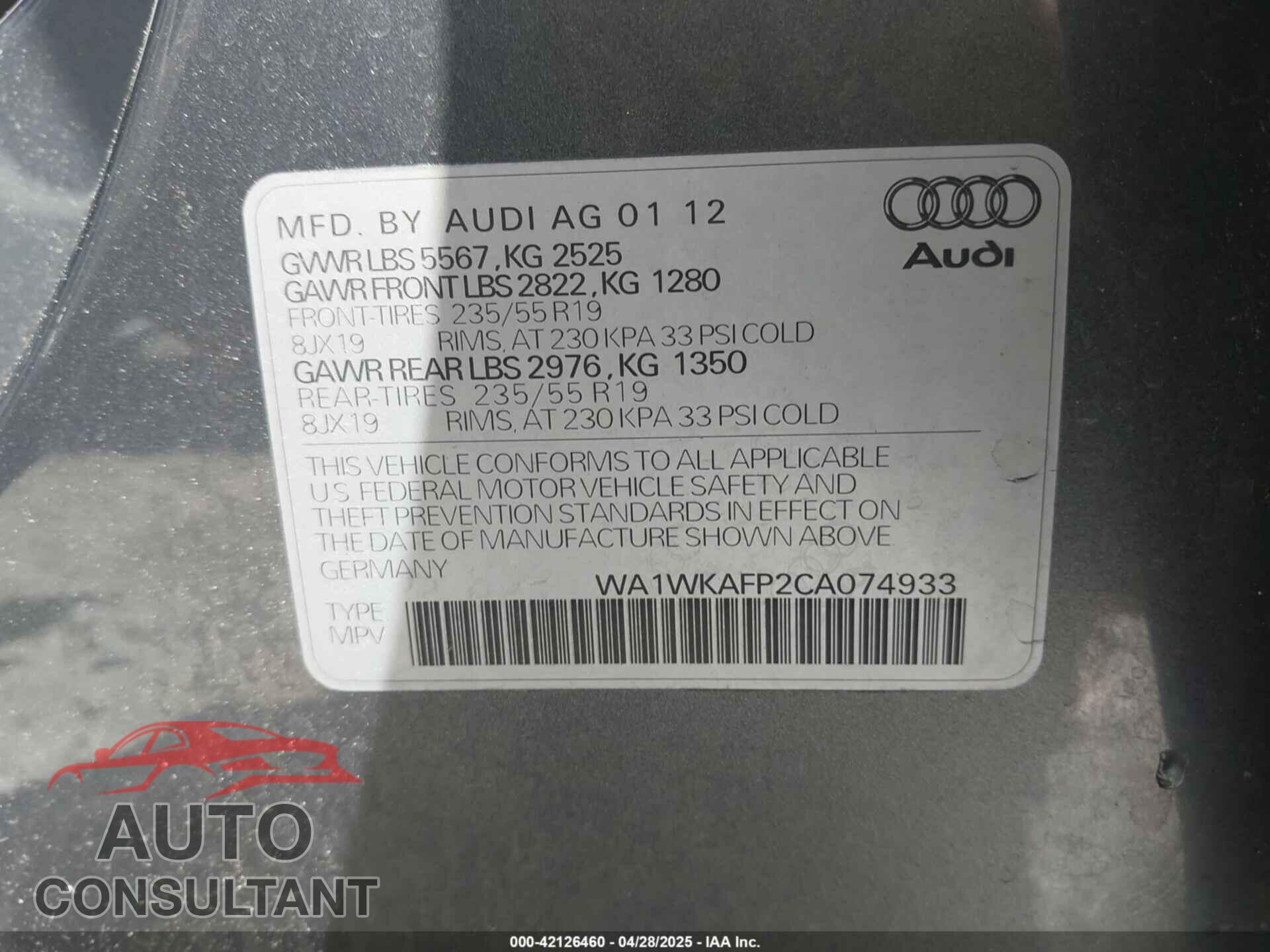 AUDI Q5 2012 - WA1WKAFP2CA074933