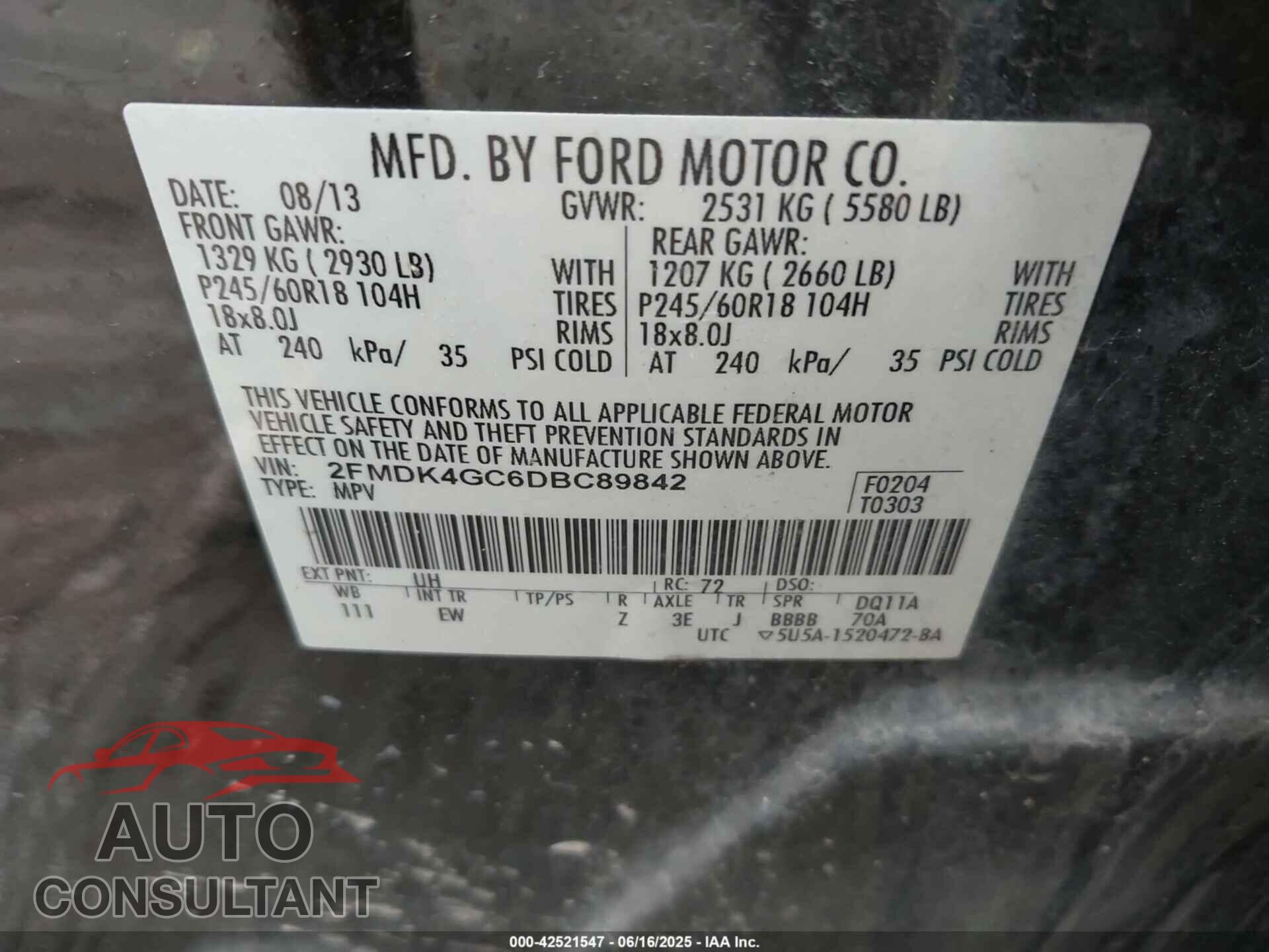 FORD EDGE 2013 - 2FMDK4GC6DBC89842