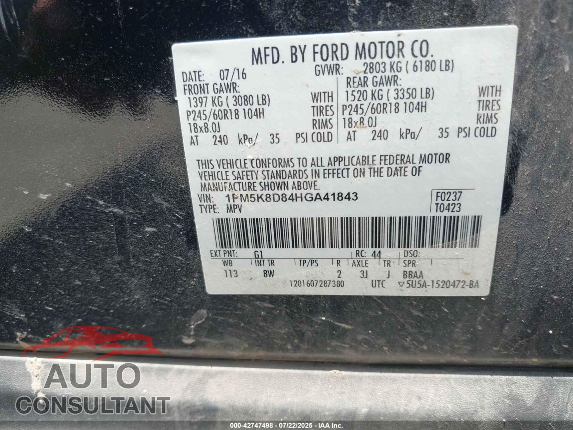 FORD EXPLORER 2017 - 1FM5K8D84HGA41843