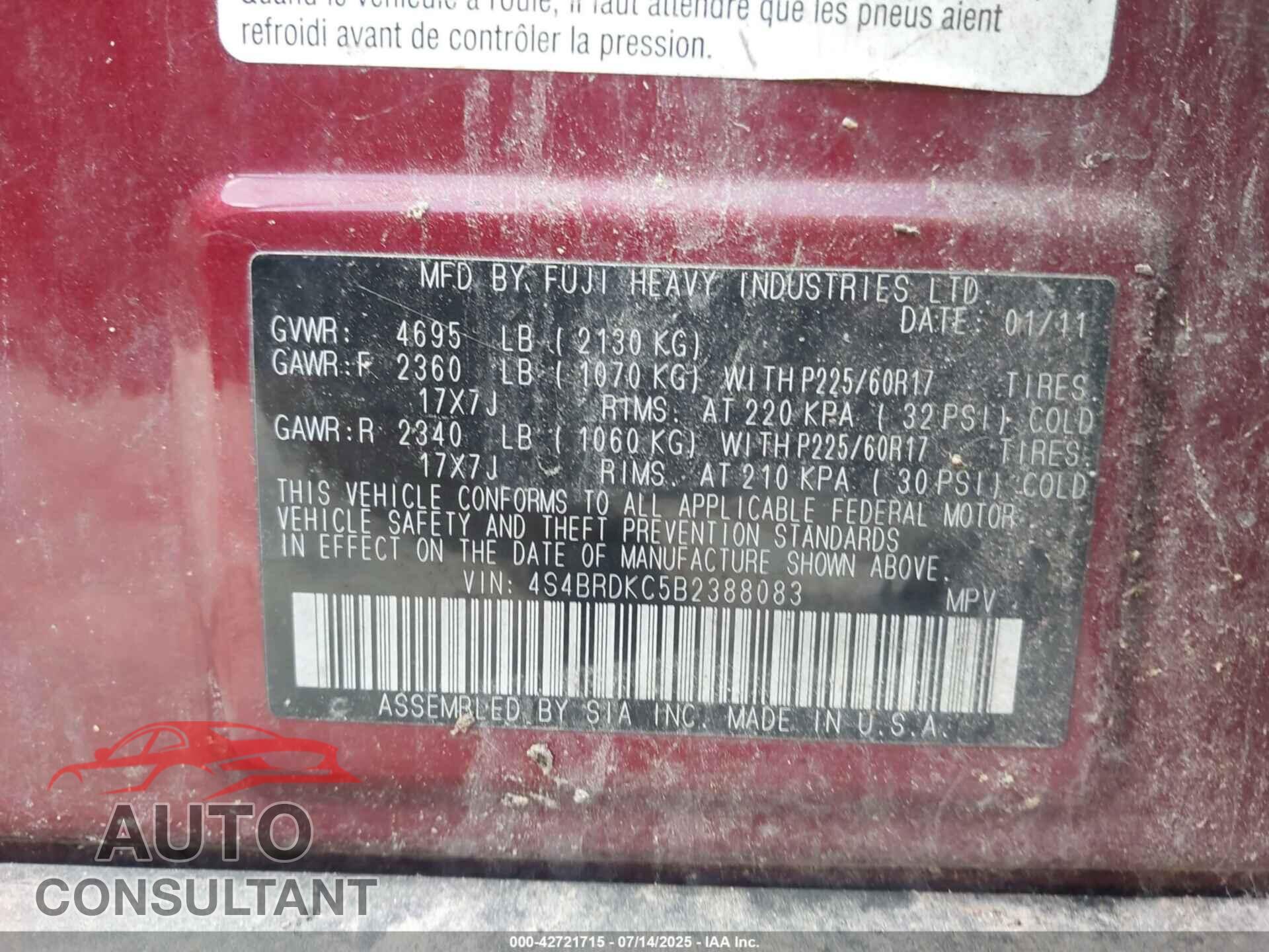 SUBARU OUTBACK 2011 - 4S4BRDKC5B2388083