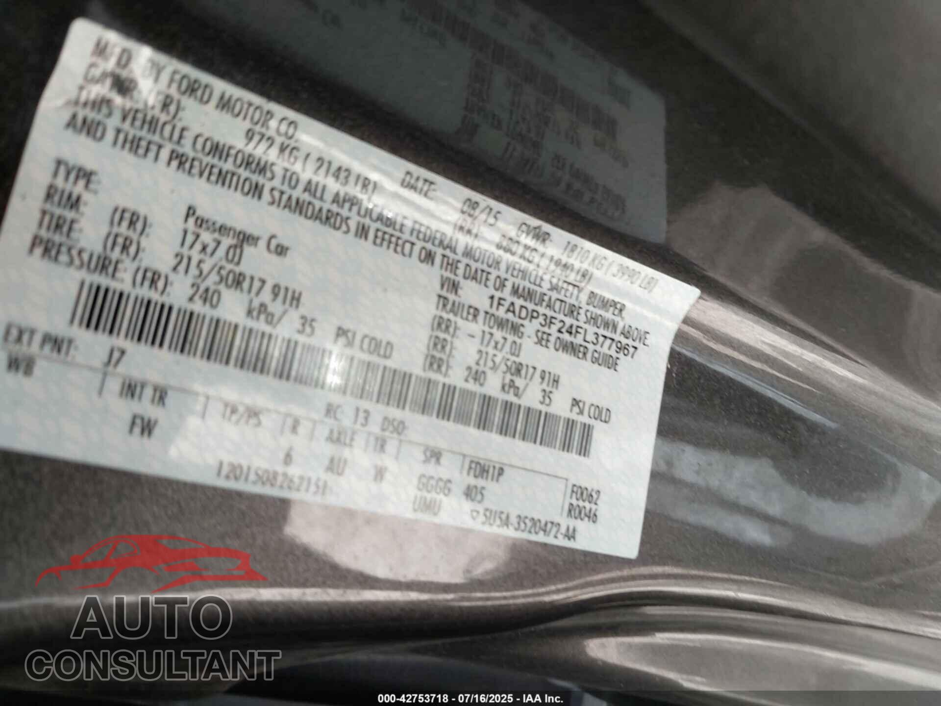 FORD FOCUS 2015 - 1FADP3F24FL377967