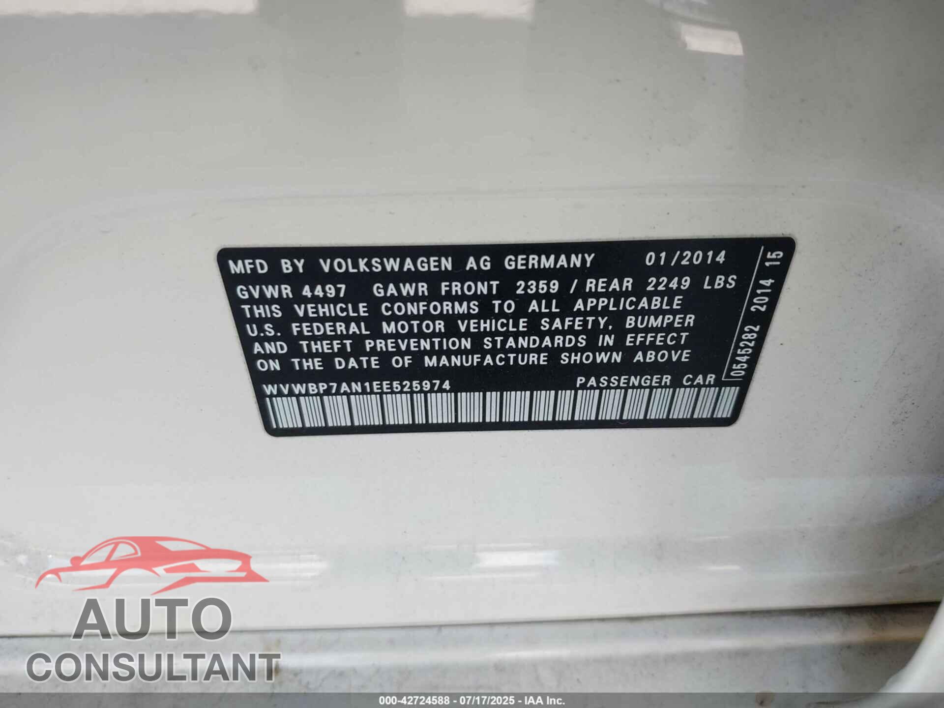 VOLKSWAGEN CC 2014 - WVWBP7AN1EE525974