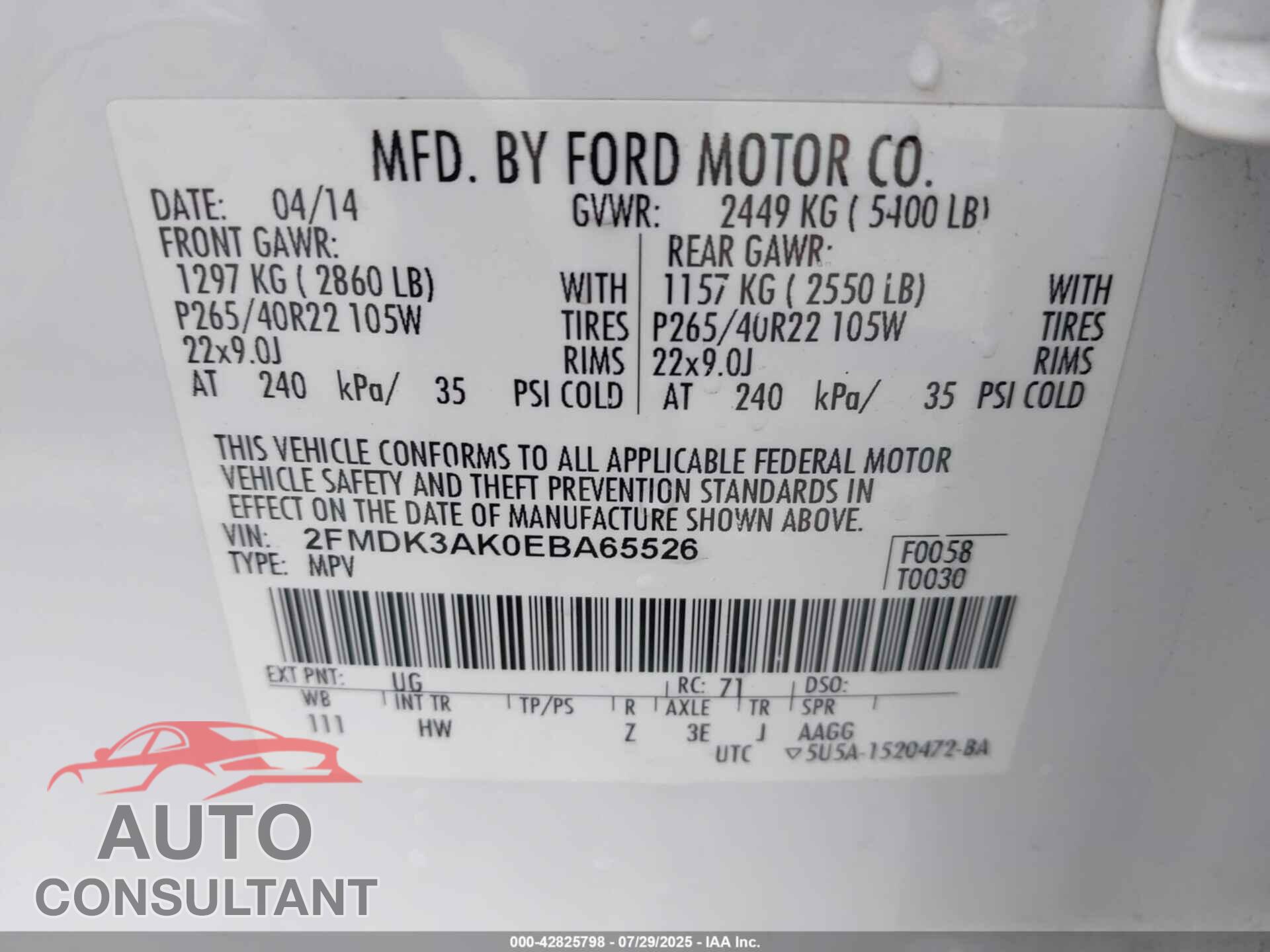 FORD EDGE 2014 - 2FMDK3AK0EBA65526