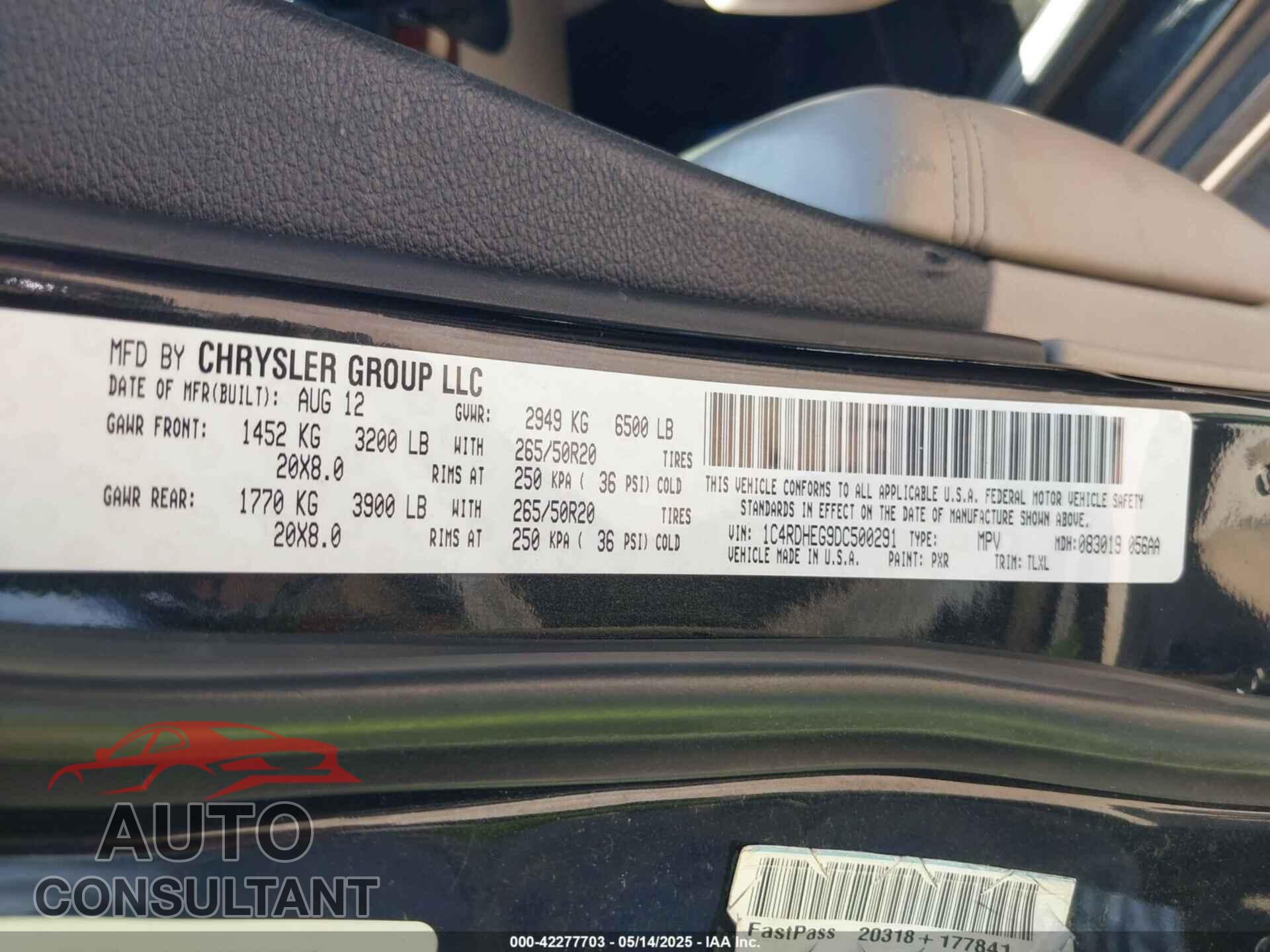 DODGE DURANGO 2013 - 1C4RDHEG9DC500291