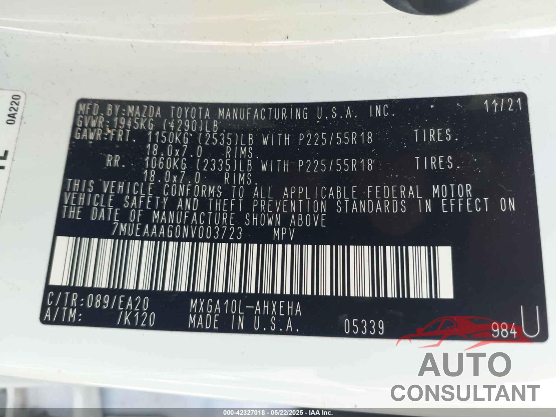 TOYOTA COROLLA CROSS 2022 - 7MUEAAAG0NV003723