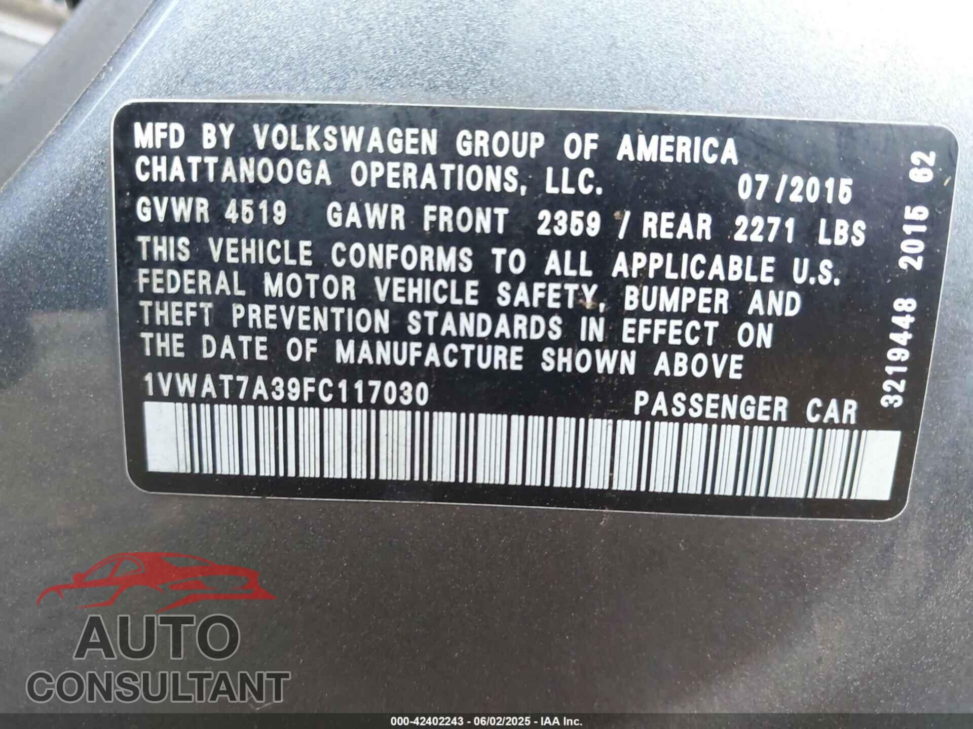 VOLKSWAGEN PASSAT 2015 - 1VWAT7A39FC117030