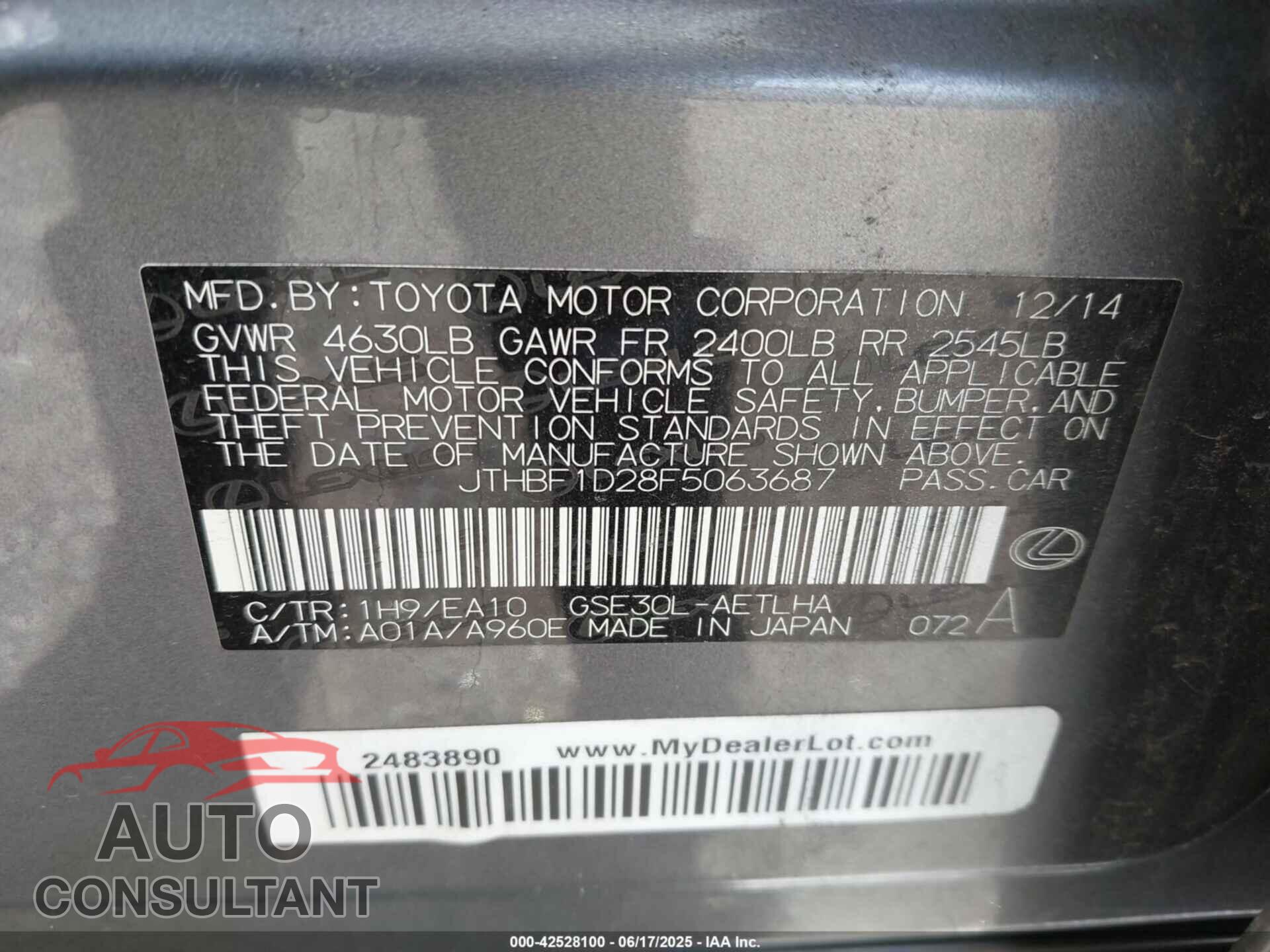 LEXUS IS 250 2015 - JTHBF1D28F5063687