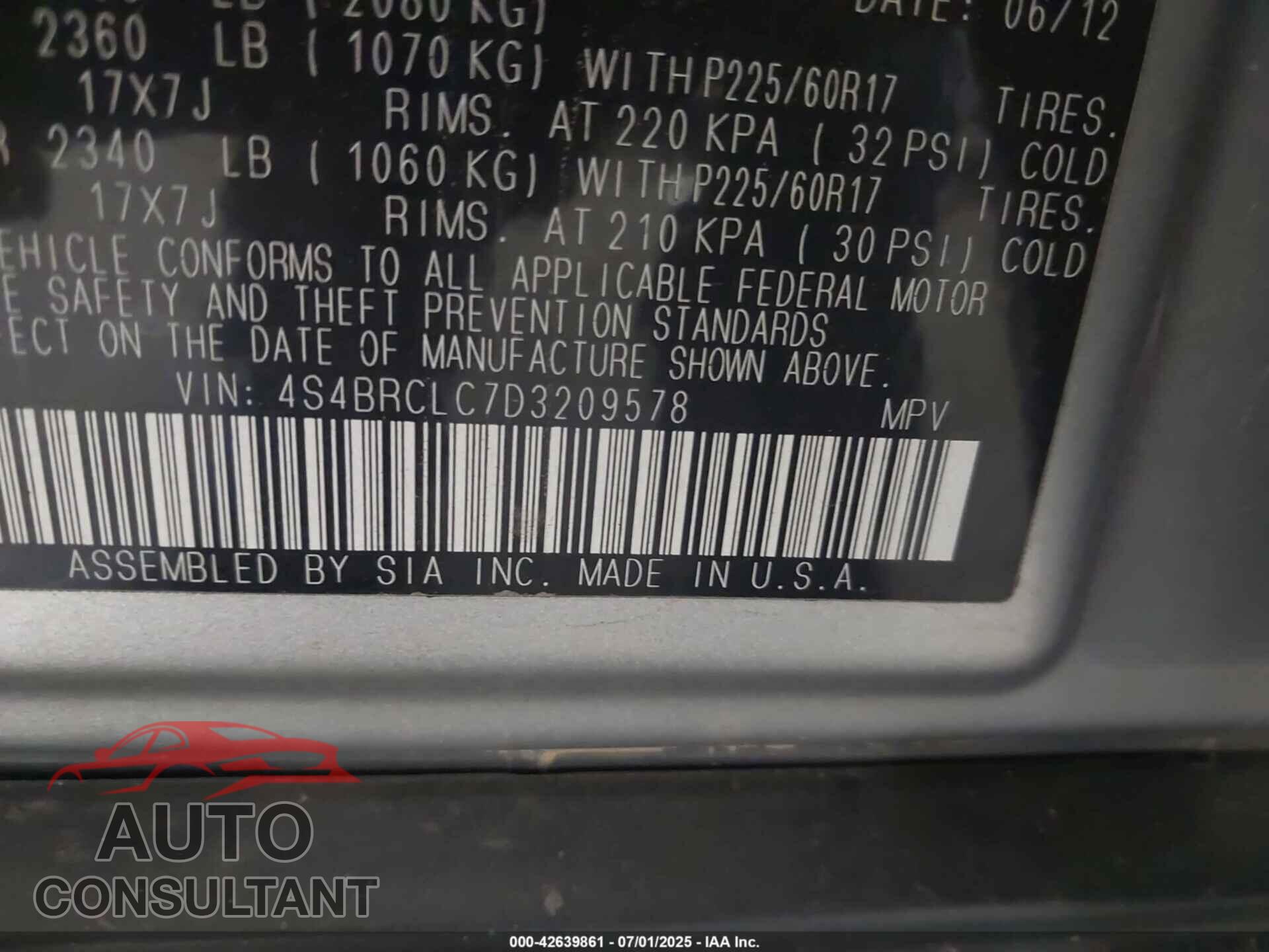 SUBARU OUTBACK 2013 - 4S4BRCLC7D3209578