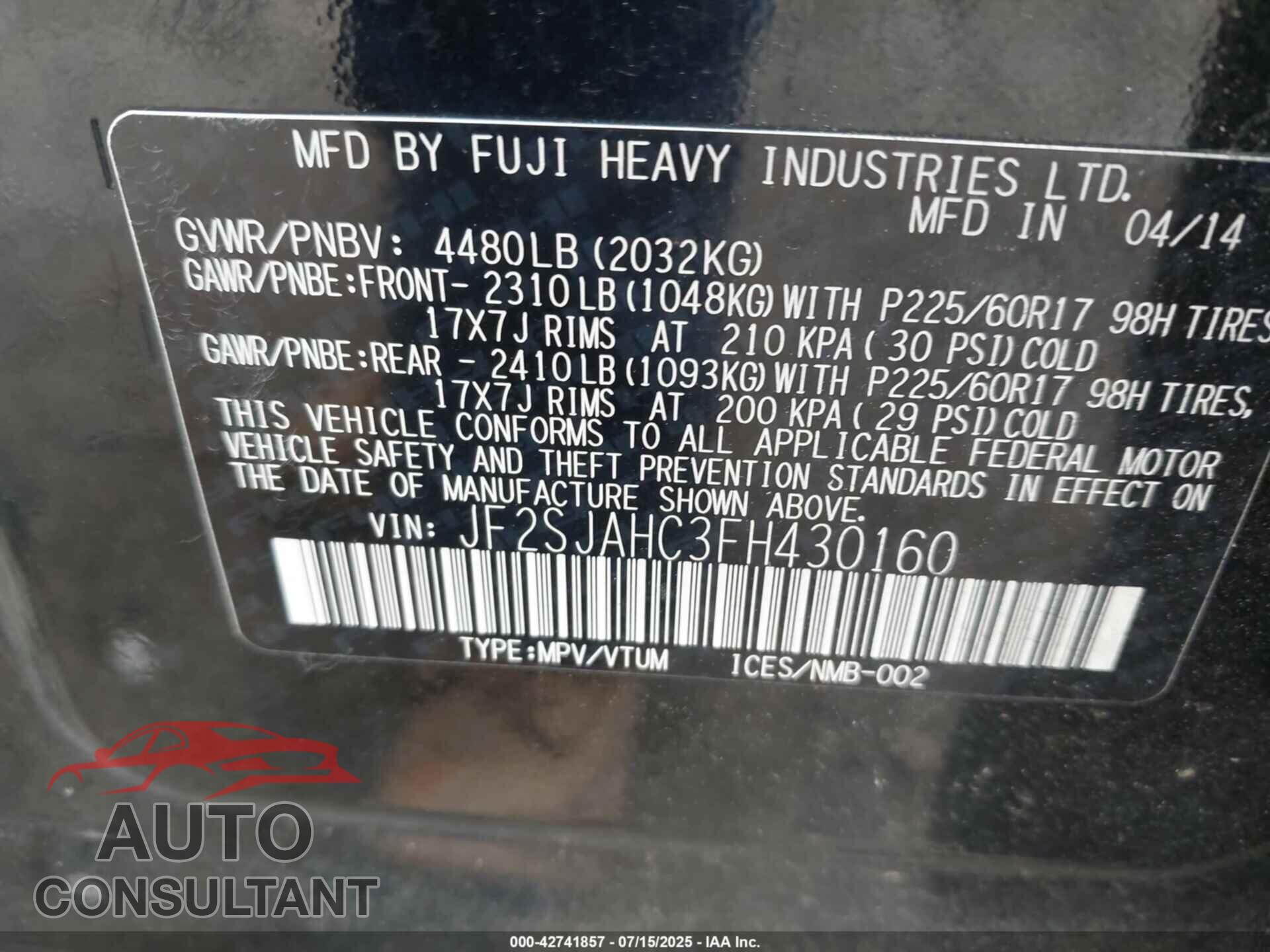SUBARU FORESTER 2015 - JF2SJAHC3FH430160