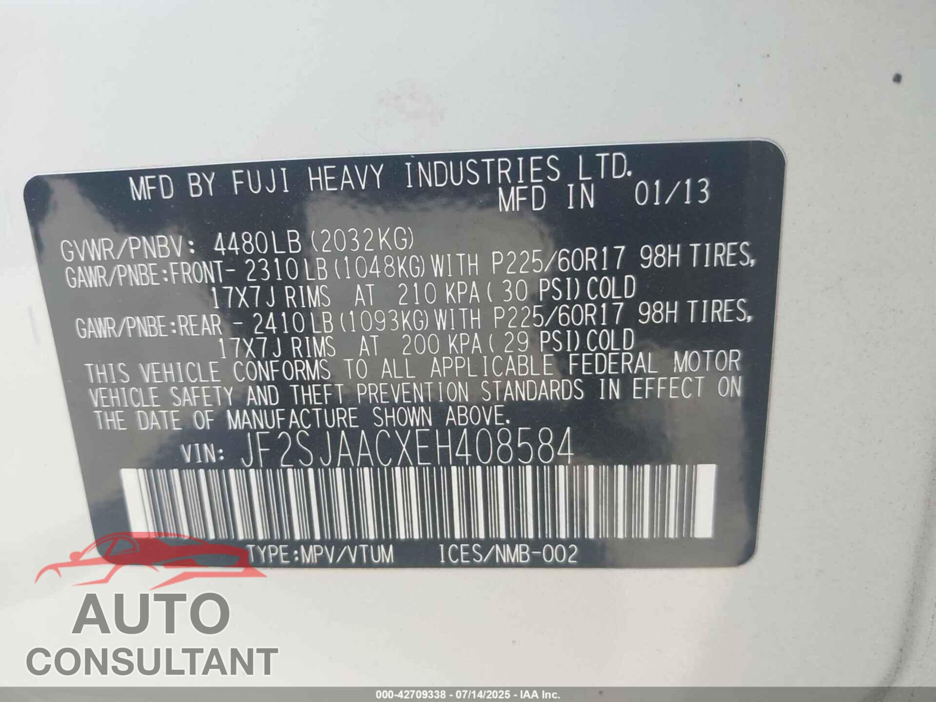 SUBARU FORESTER 2014 - JF2SJAACXEH408584