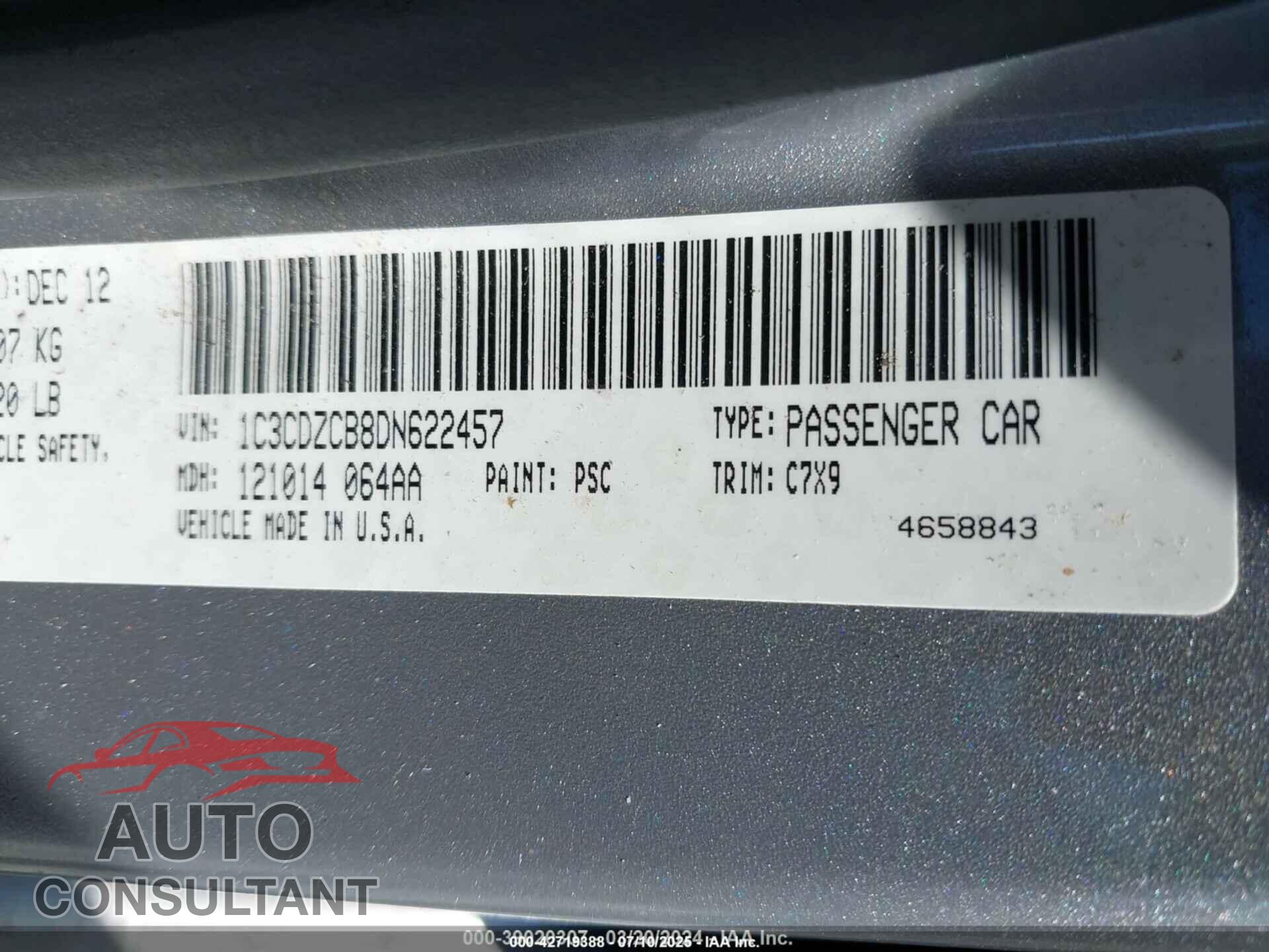 DODGE AVENGER 2013 - 1C3CDZCB8DN622457