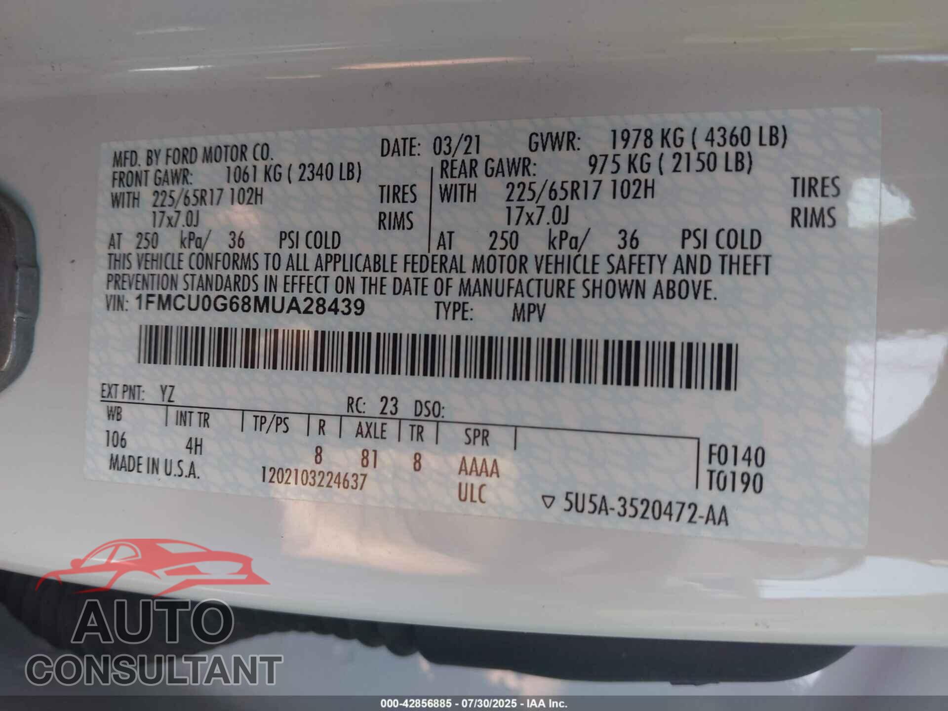 FORD ESCAPE 2021 - 1FMCU0G68MUA28439
