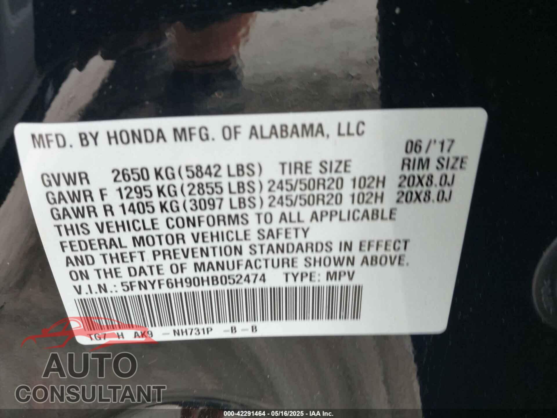 HONDA PILOT 2017 - 5FNYF6H90HB052474