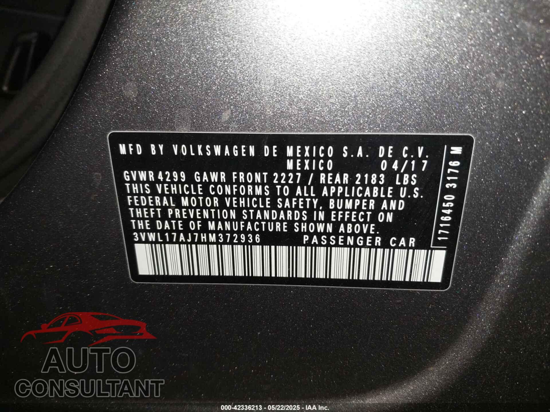 VOLKSWAGEN JETTA 2017 - 3VWL17AJ7HM372936