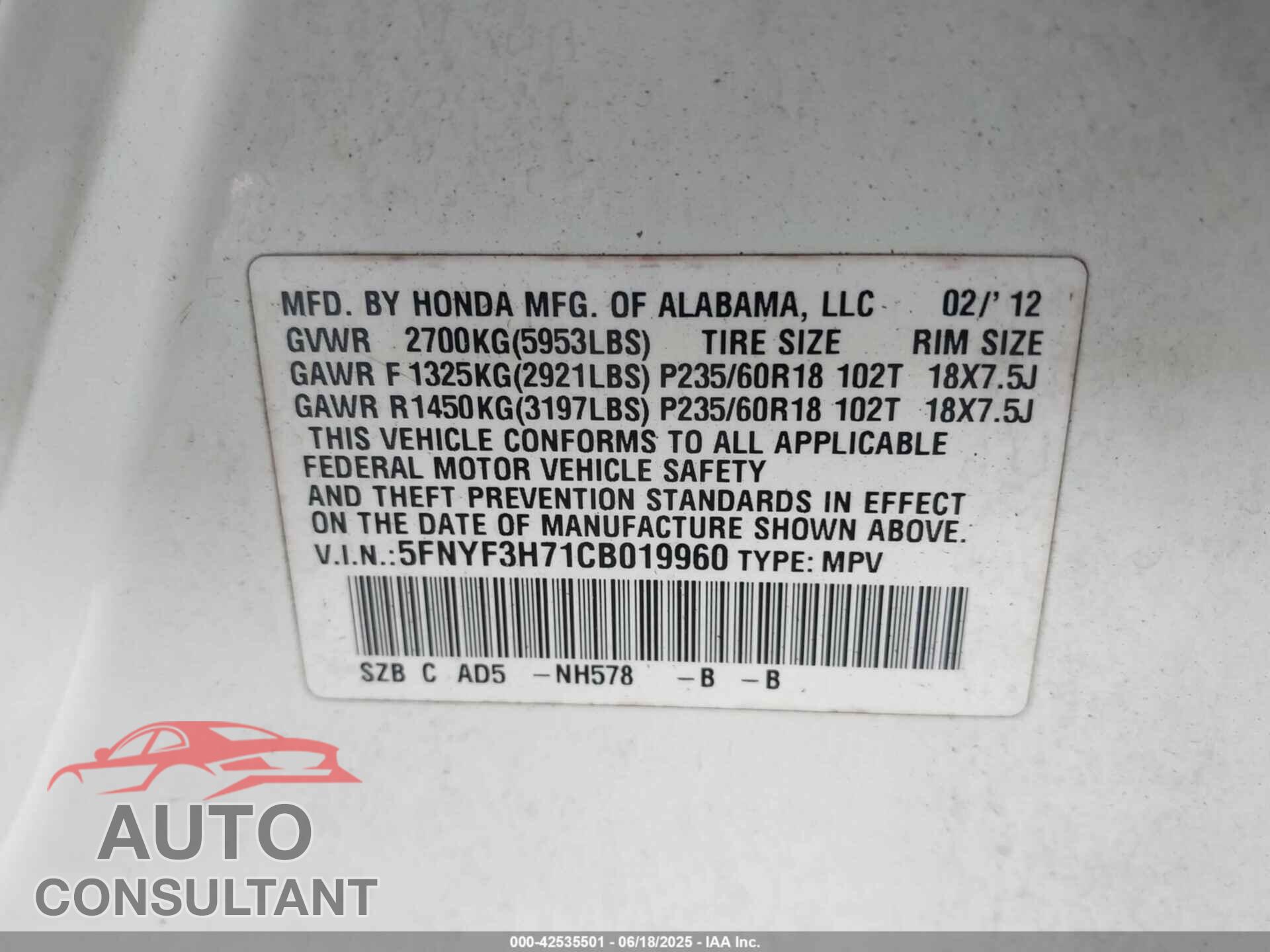 HONDA PILOT 2012 - 5FNYF3H71CB019960