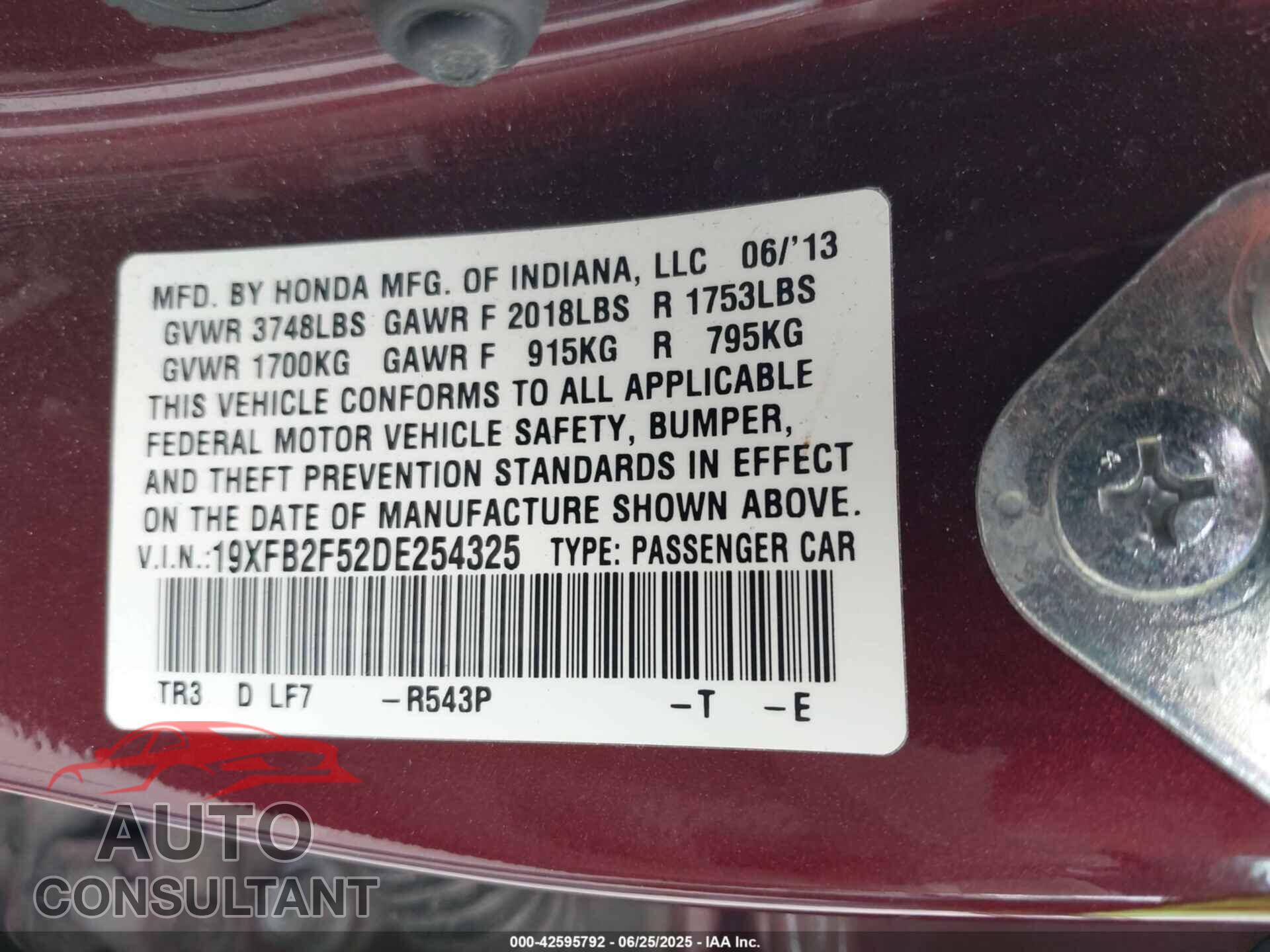 HONDA CIVIC 2013 - 19XFB2F52DE254325