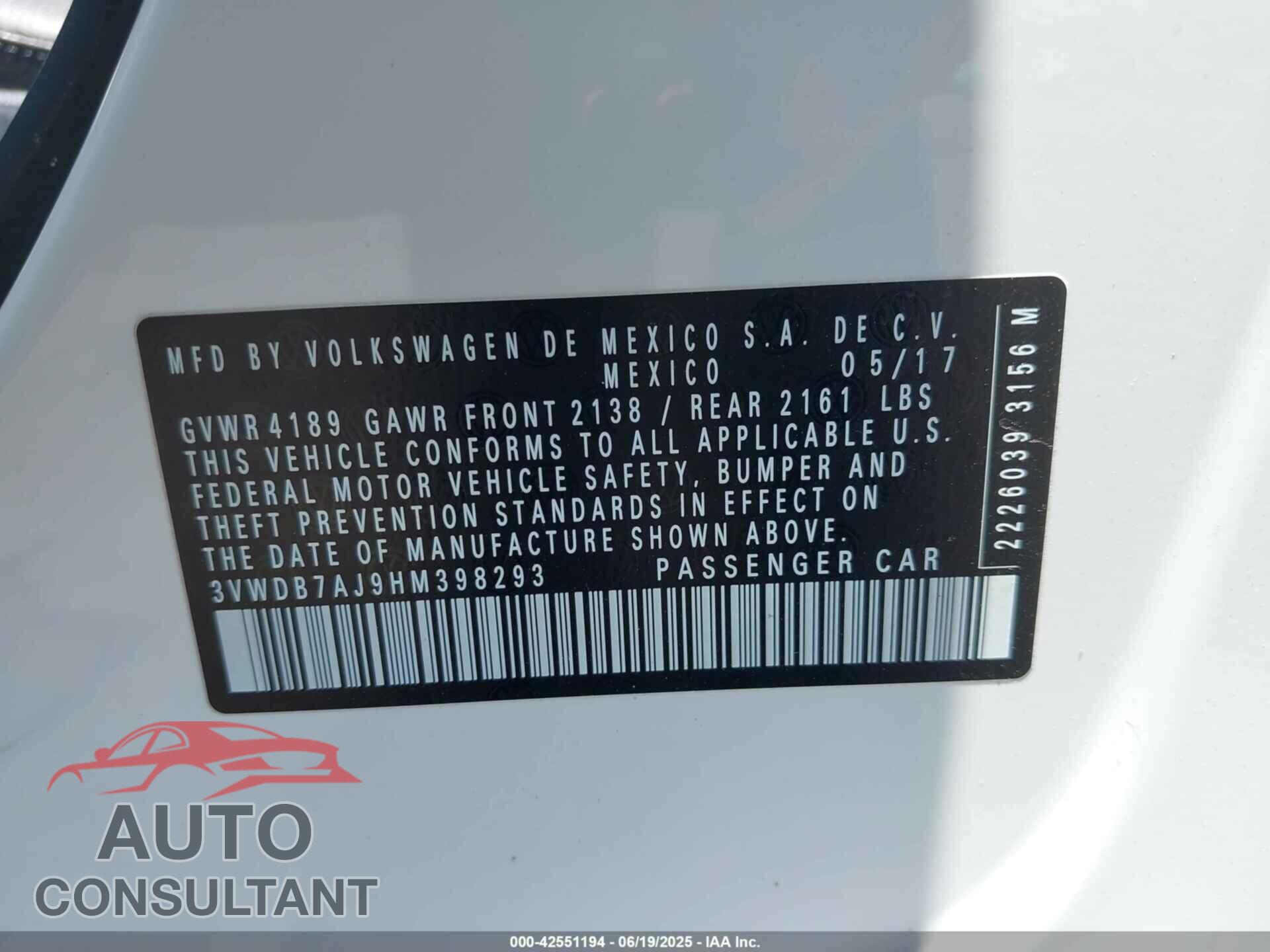 VOLKSWAGEN JETTA 2017 - 3VWDB7AJ9HM398293