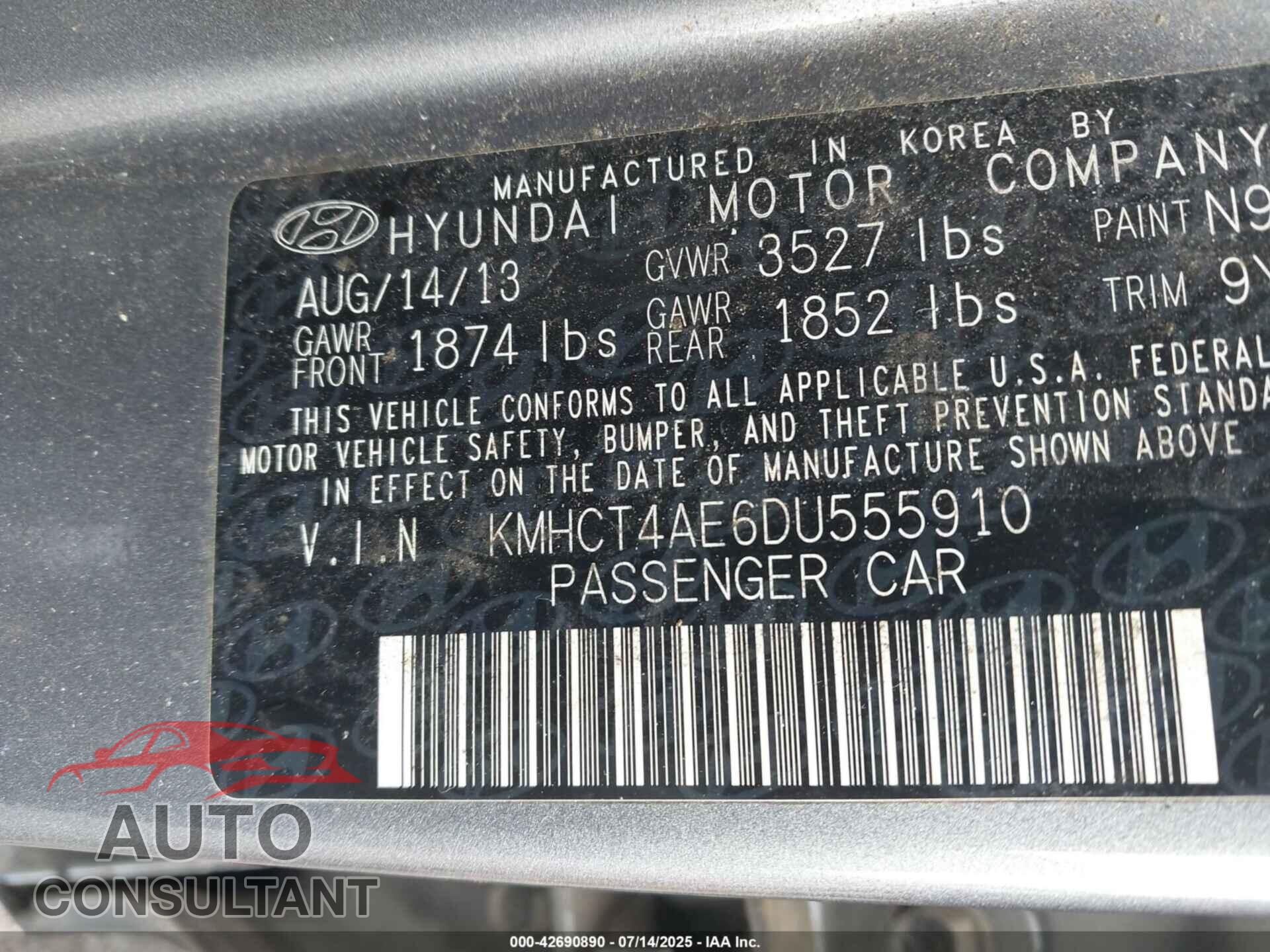 HYUNDAI ACCENT 2013 - KMHCT4AE6DU555910