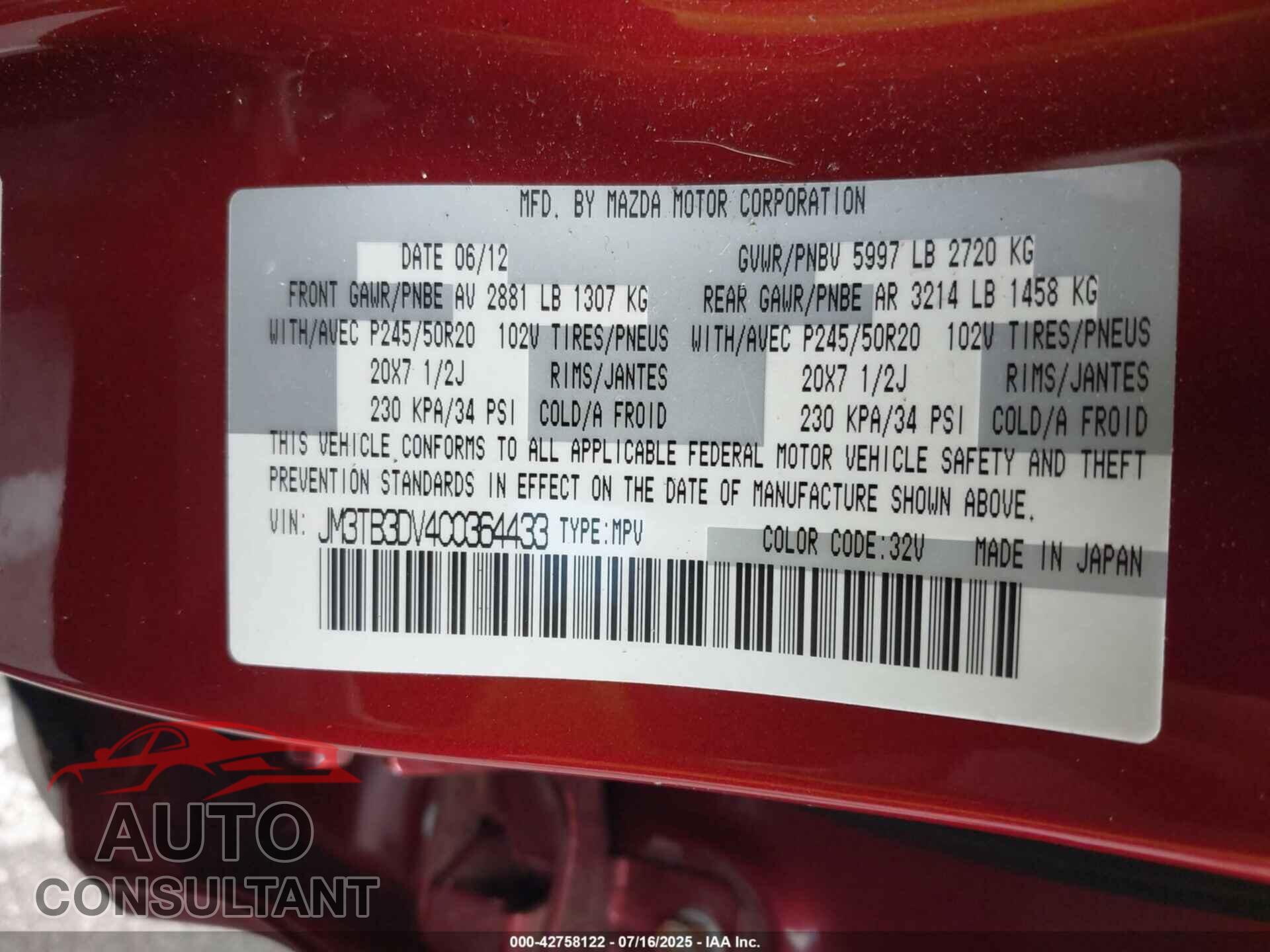 MAZDA CX-9 2012 - JM3TB3DV4C0364433