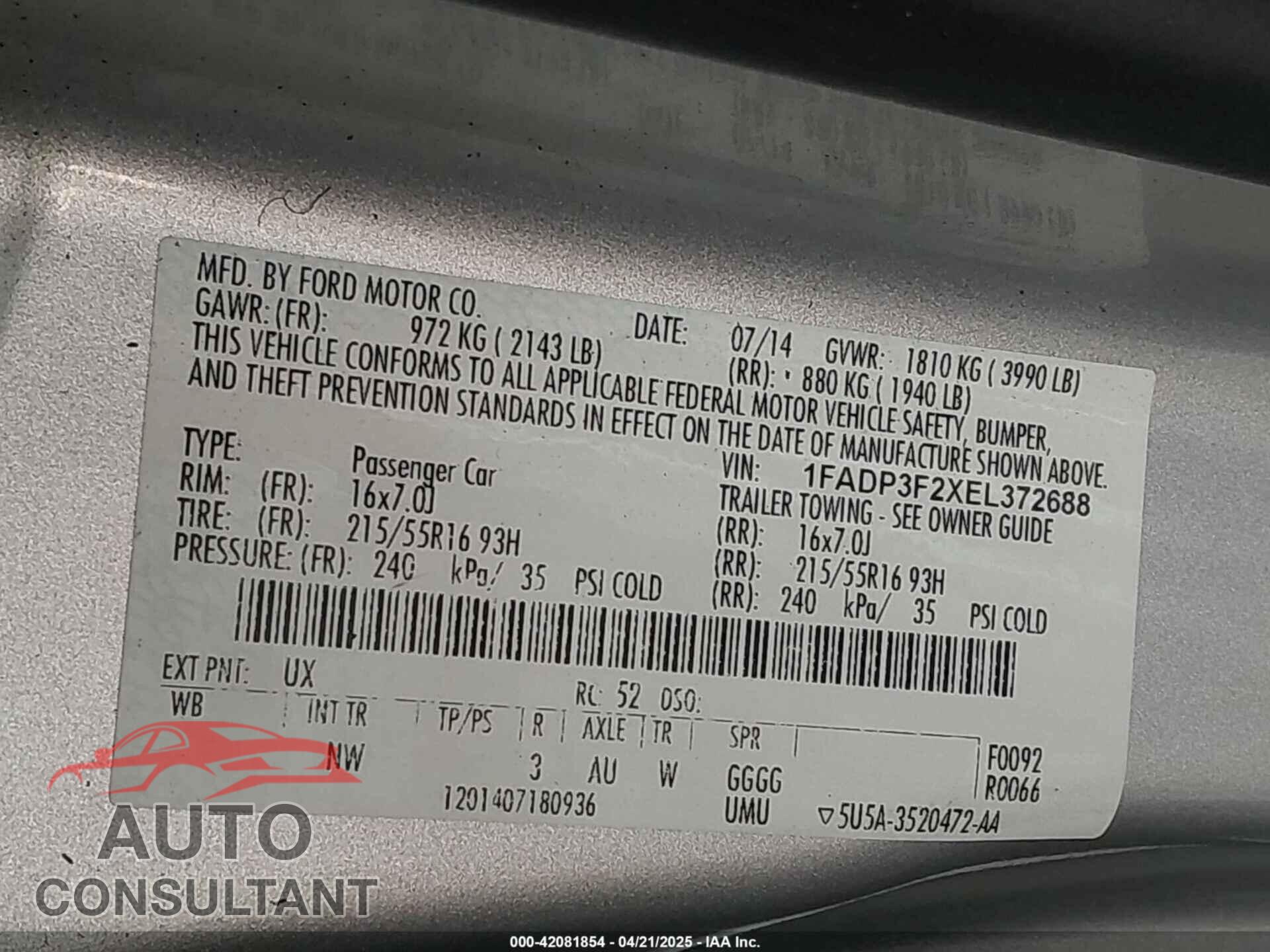 FORD FOCUS 2014 - 1FADP3F2XEL372688