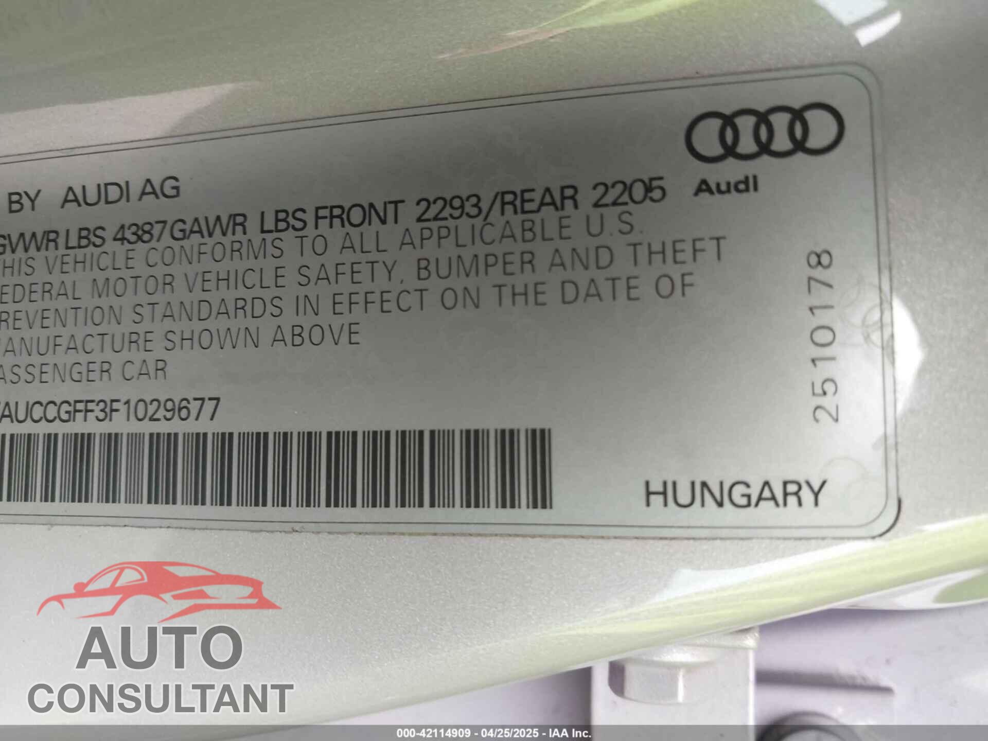 AUDI A3 2015 - WAUCCGFF3F1029677