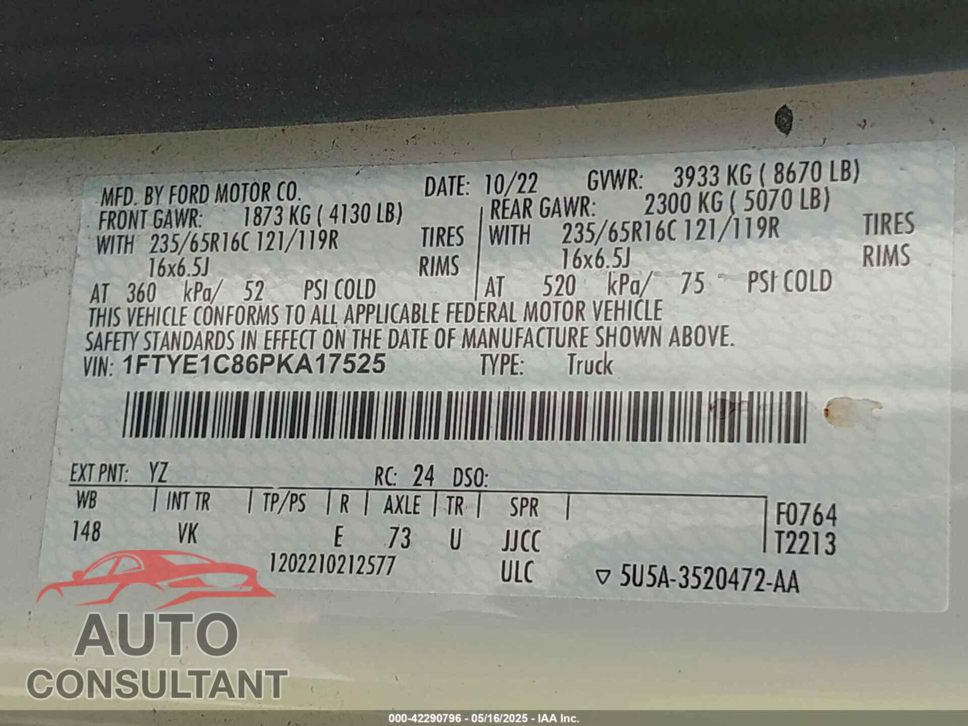 FORD TRANSIT 2023 - 1FTYE1C86PKA17525
