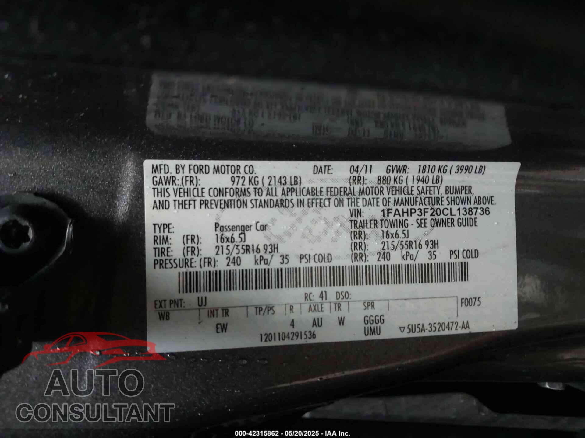 FORD FOCUS 2012 - 1FAHP3F20CL138736