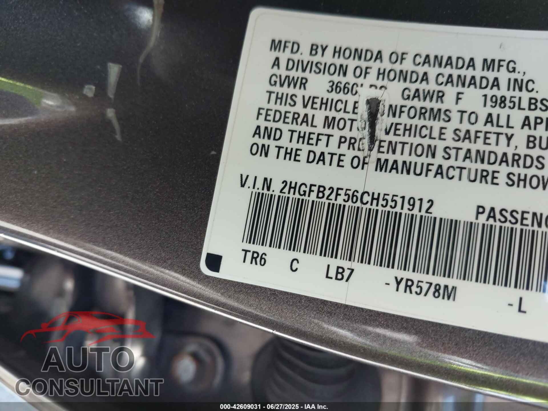 HONDA CIVIC 2012 - 2HGFB2F56CH551912