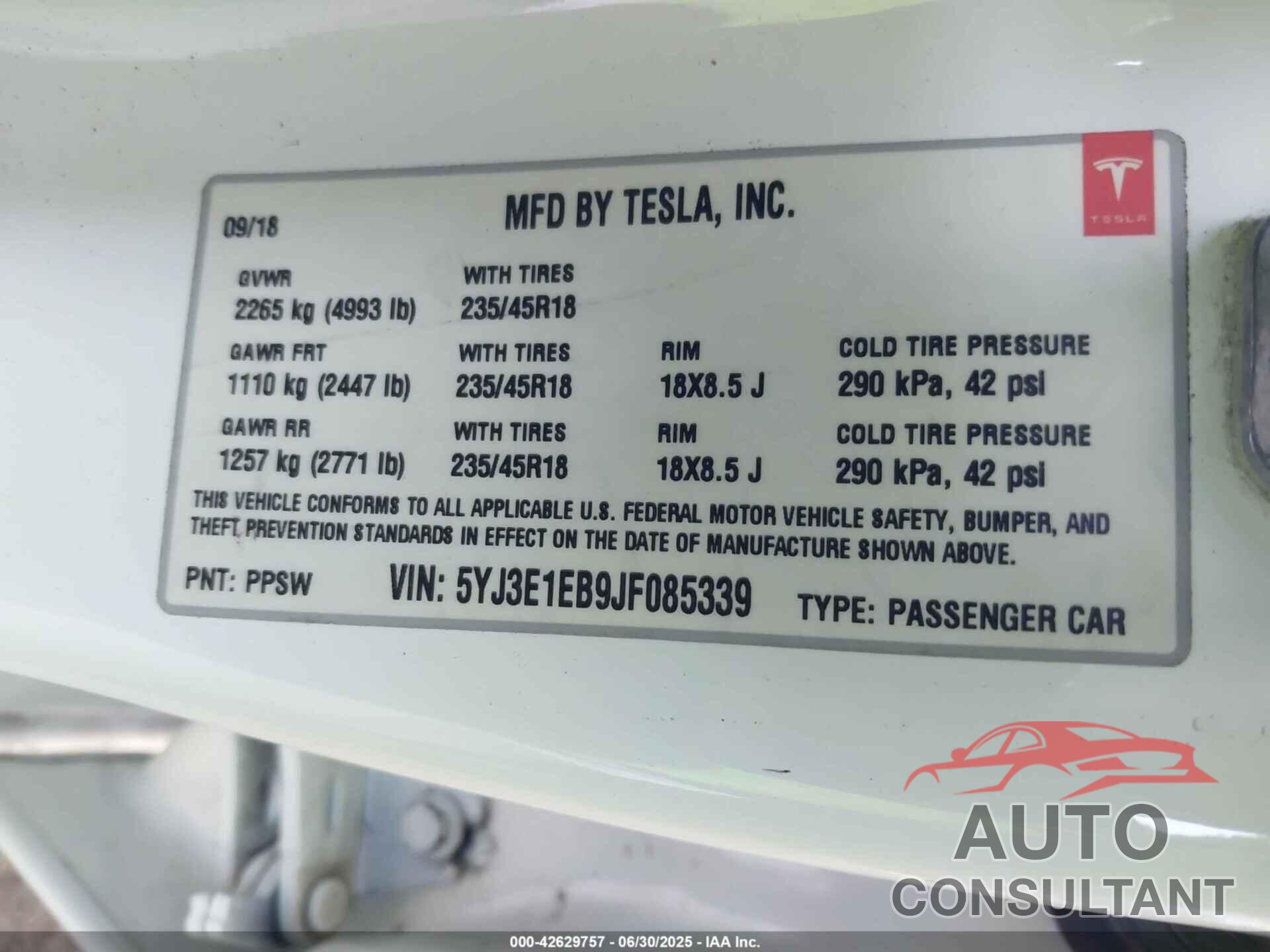 TESLA MODEL 3 2018 - 5YJ3E1EB9JF085339
