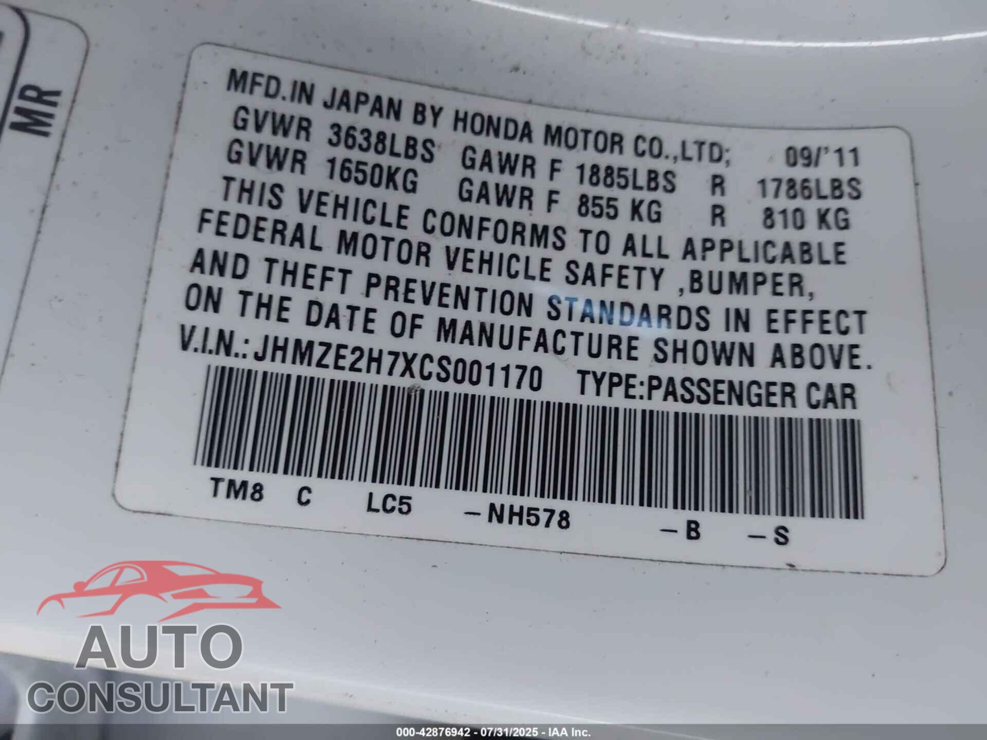 HONDA INSIGHT 2012 - JHMZE2H7XCS001170
