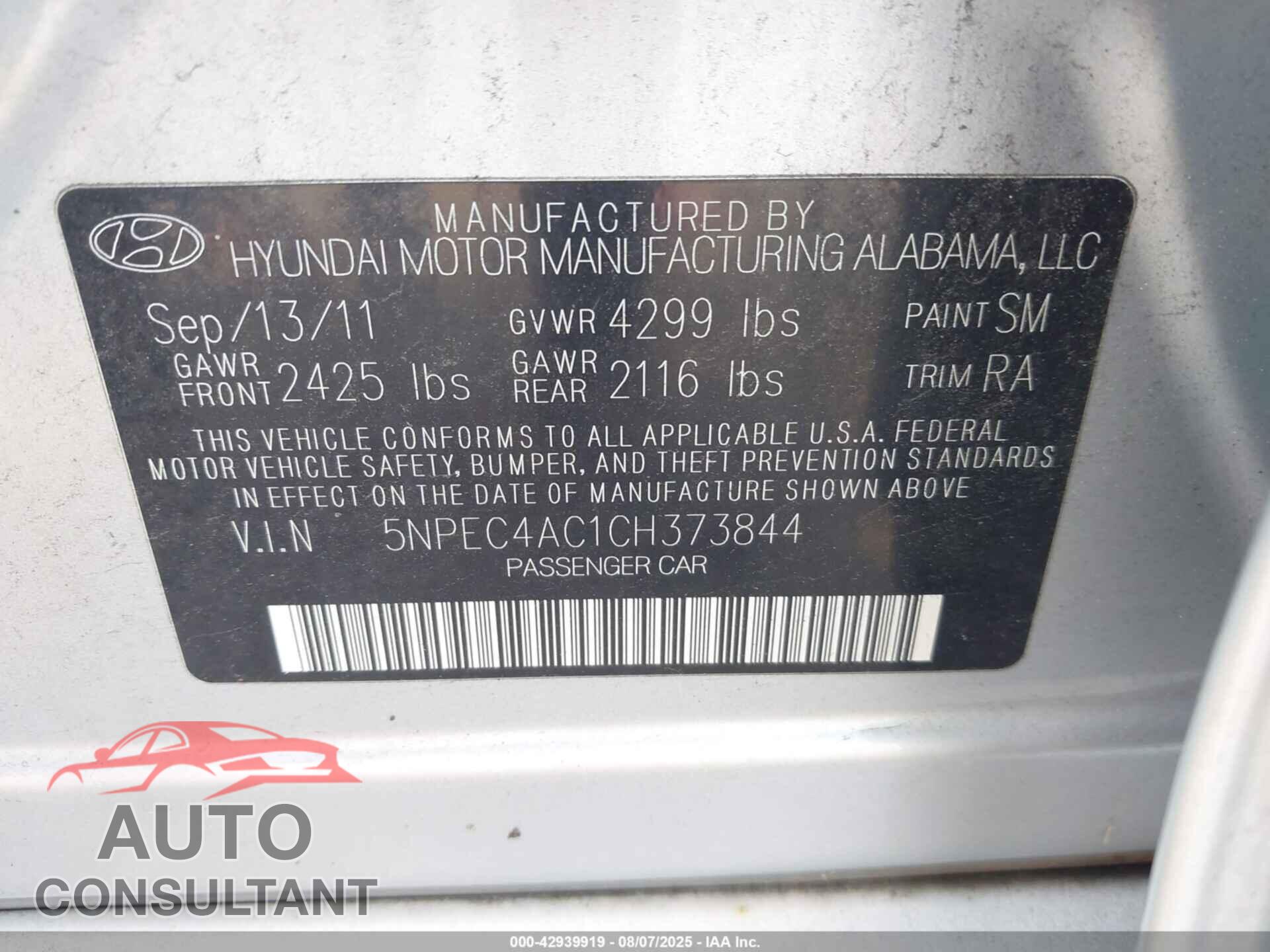 HYUNDAI SONATA 2012 - 5NPEC4AC1CH373844