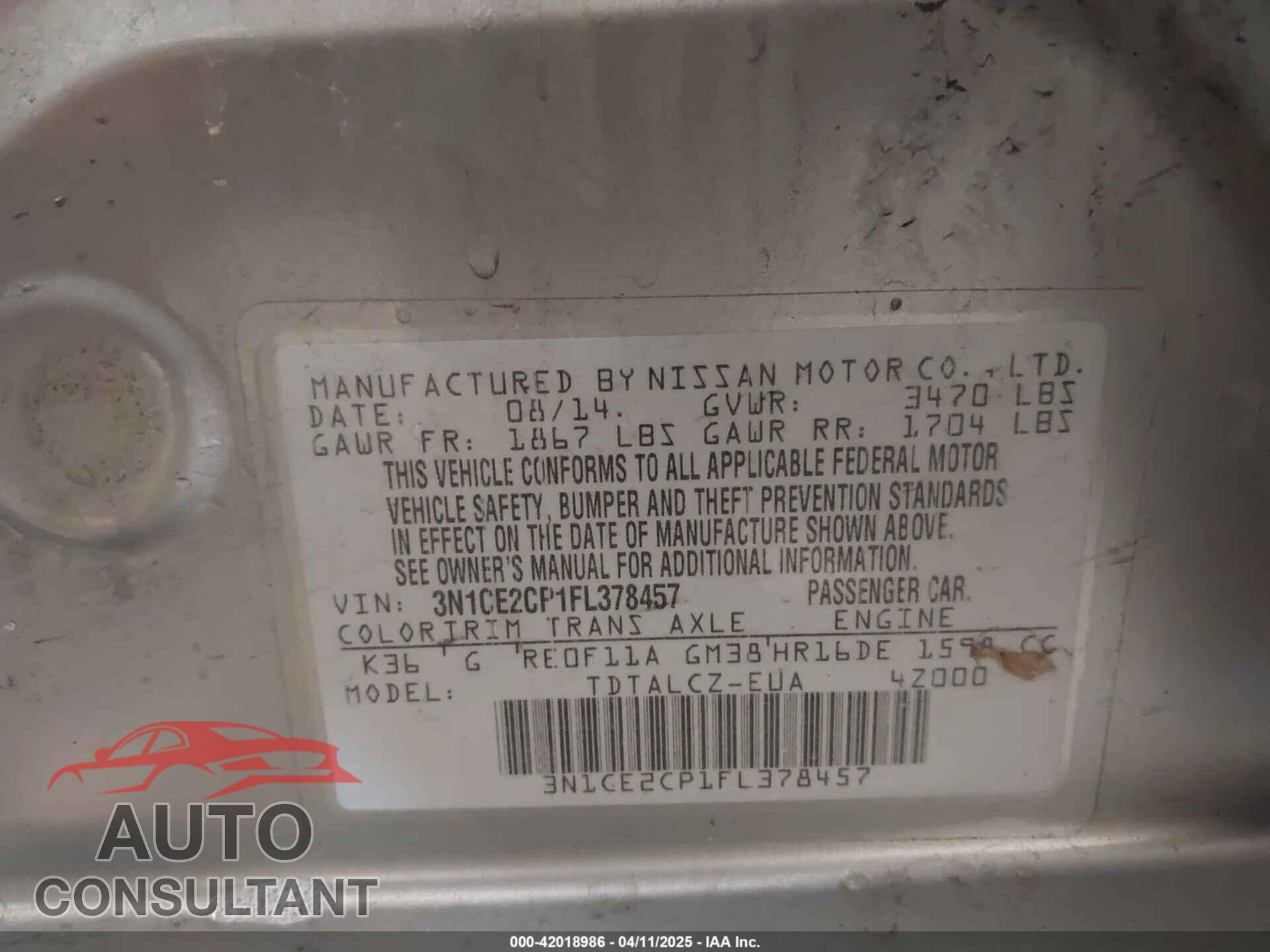 NISSAN VERSA NOTE 2015 - 3N1CE2CP1FL378457
