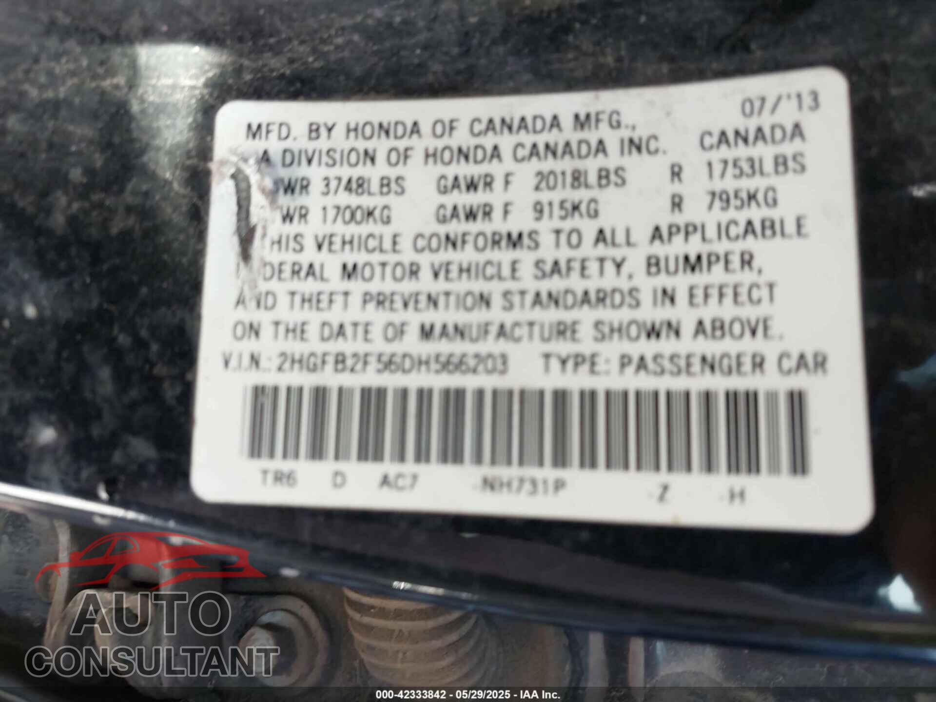 HONDA CIVIC 2013 - 2HGFB2F56DH566203