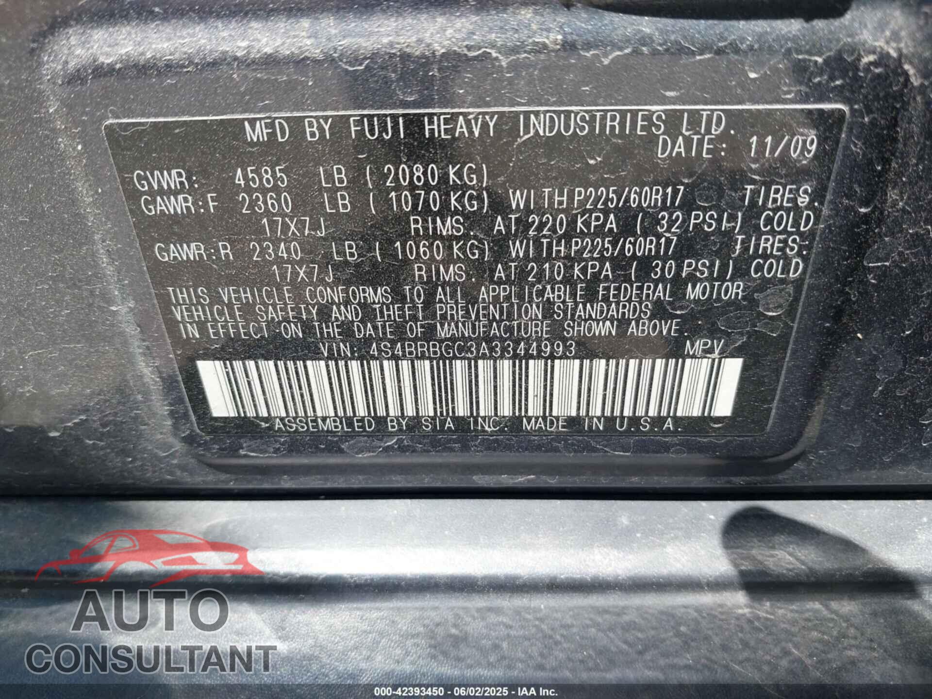 SUBARU OUTBACK 2010 - 4S4BRBGC3A3344993