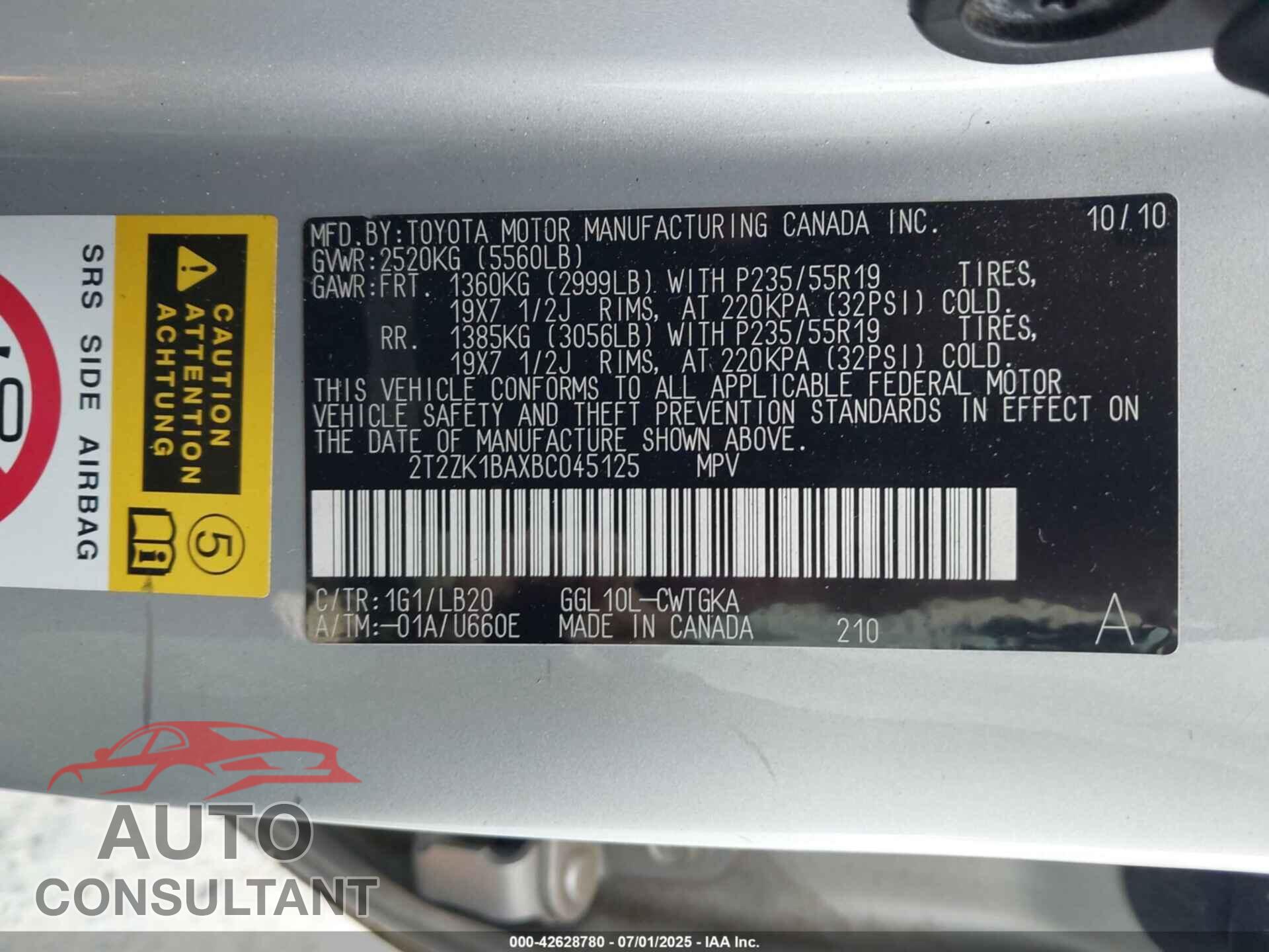 LEXUS RX 350 2011 - 2T2ZK1BAXBC045125